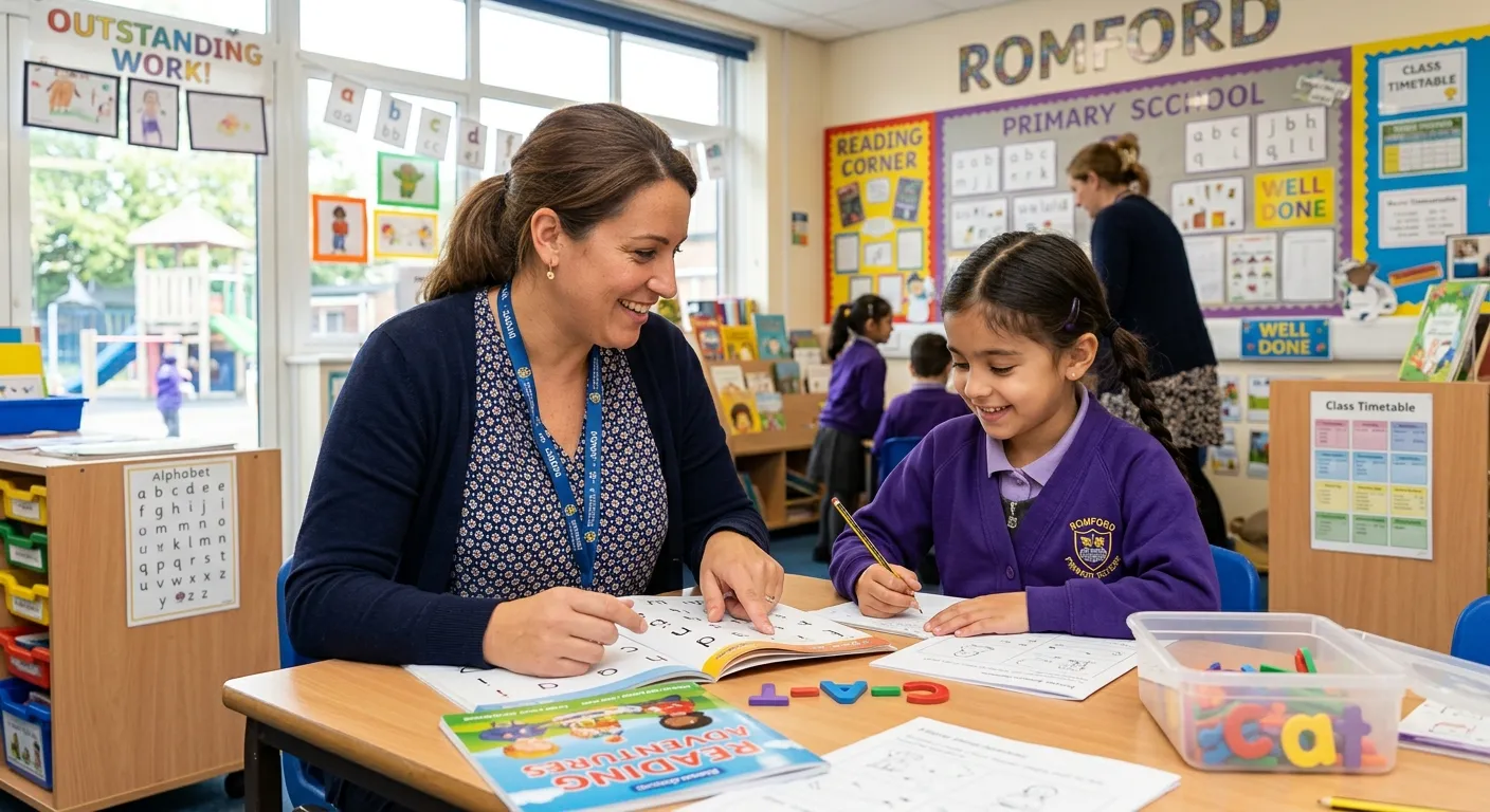 A professional, warm, and inviting photo of a Learning Support Assistant in a Romford school setting... A professional, warm, and inviting photo of a Learning Support Assistant in a Romford school setting, smiling and working one-on-one with a primary school student at a table with educational materials. Style should be bright, authentic, and highlight a supportive educational environment.