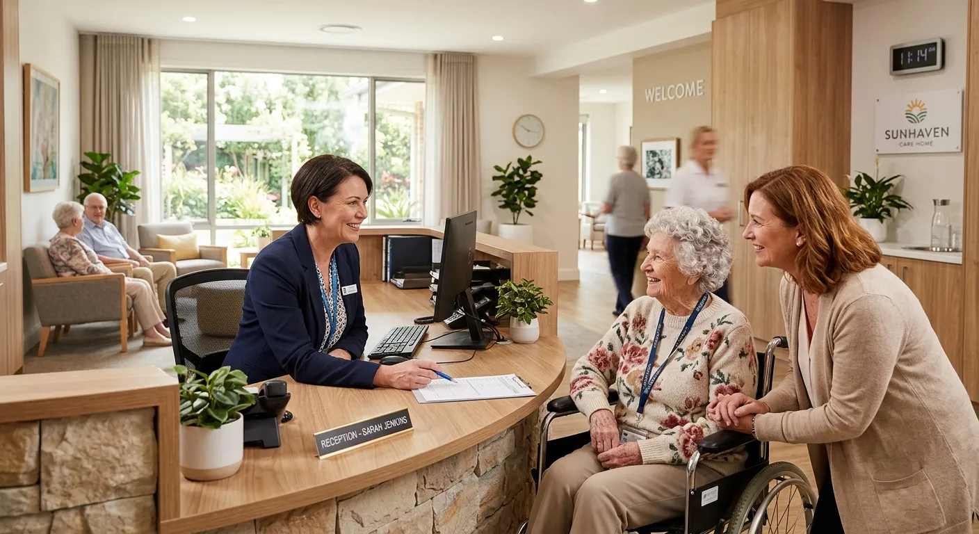 A professional, warm, and welcoming image of a modern nursing home reception area. A friendly receptionist in professional attire smiles while assisting an elderly resident and a family member. The style is bright, clean, and empathetic, highlighting a calm and efficient healthcare environment.