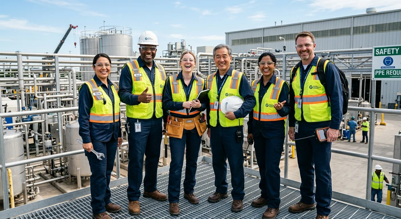A diverse group of professional maintenance workers in high-visibility vests and uniforms, smiling confidently on a modern industrial site, showcasing teamwork and reliability. Professional, bright, and energetic mood.