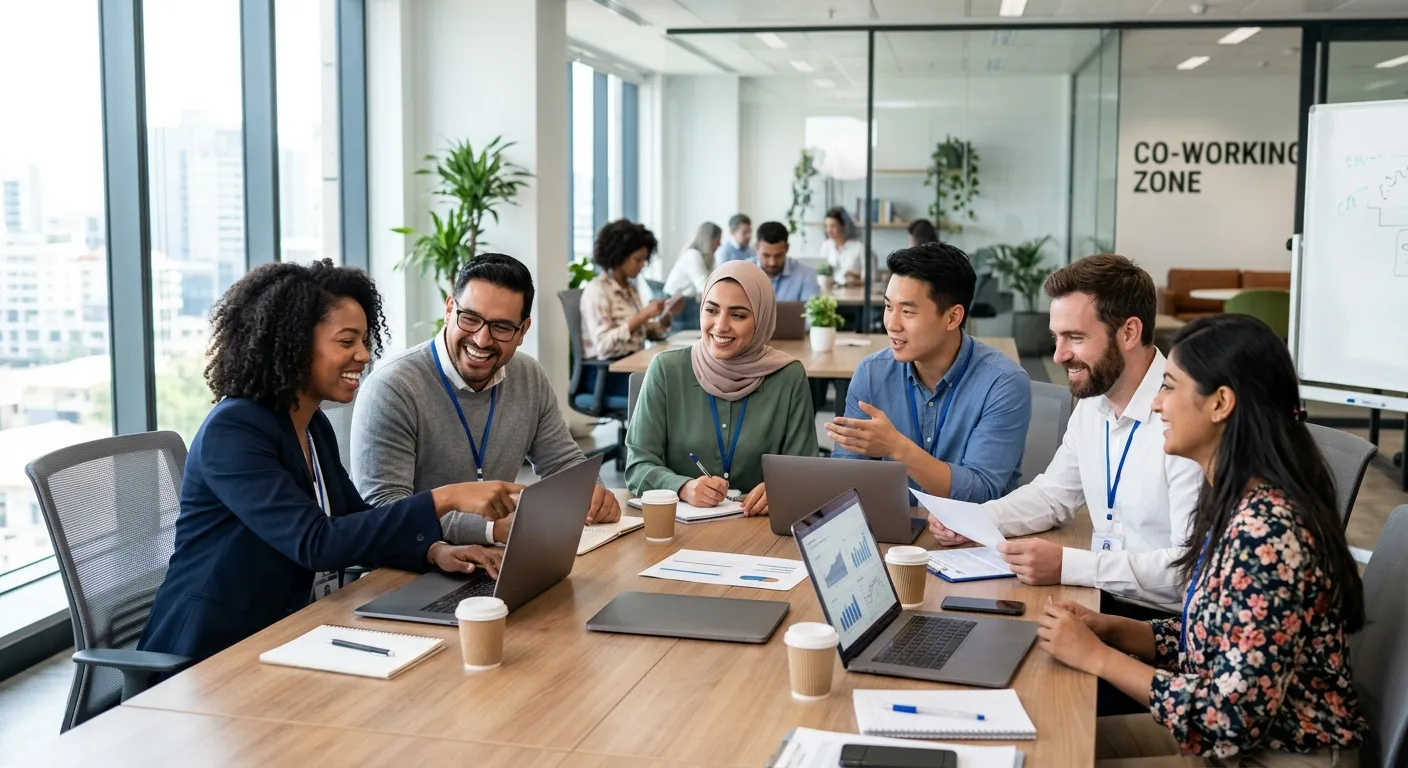 A diverse group of professional temporary workers in a modern office setting, smiling and collaborat... A diverse group of professional temporary workers in a modern office setting, smiling and collaborating. Style: professional, bright, and energetic stock photo. Mood: productive, reliable, and dynamic.