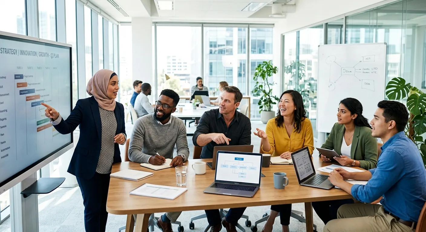 A diverse group of modern professionals collaborating in a bright, contemporary office space. The mo... A diverse group of modern professionals collaborating in a bright, contemporary office space. The mood is energetic, dynamic, and solution-oriented. Style: professional stock photography with high contrast and vibrant colors.