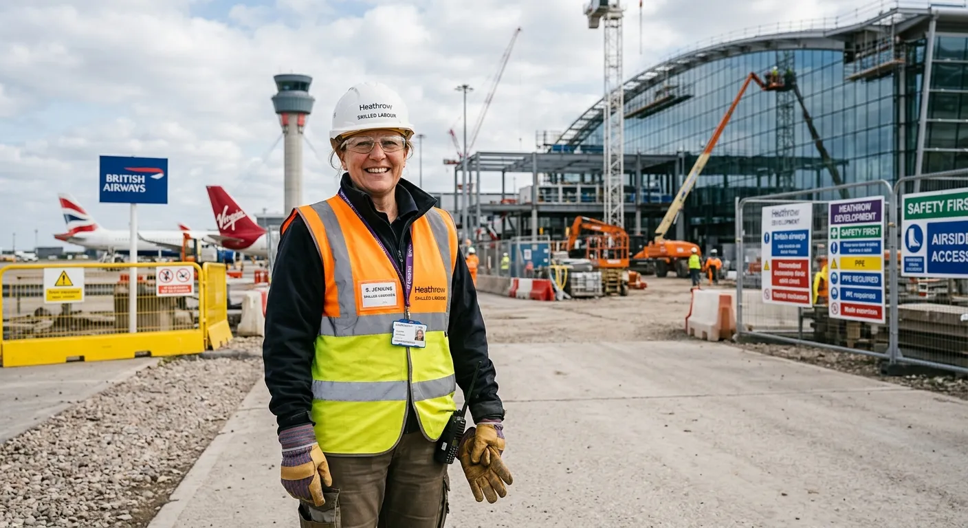 A professional, confident Skilled Labourer wearing hi-vis PPE and a hard hat, smiling while looking... A professional, confident Skilled Labourer wearing hi-vis PPE and a hard hat, smiling while looking at the camera on a modern, safe construction site in Heathrow. Bright daylight, focused on the individual.