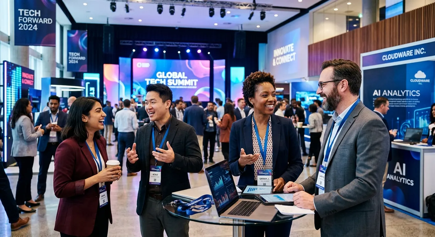 A dynamic, professional photograph of a diverse group of IT and business professionals networking at a modern tech conference. The style is vibrant and energetic, with a focus on engagement, technology displays, and collaboration. Mood: Inspiring and forward-thinking.
