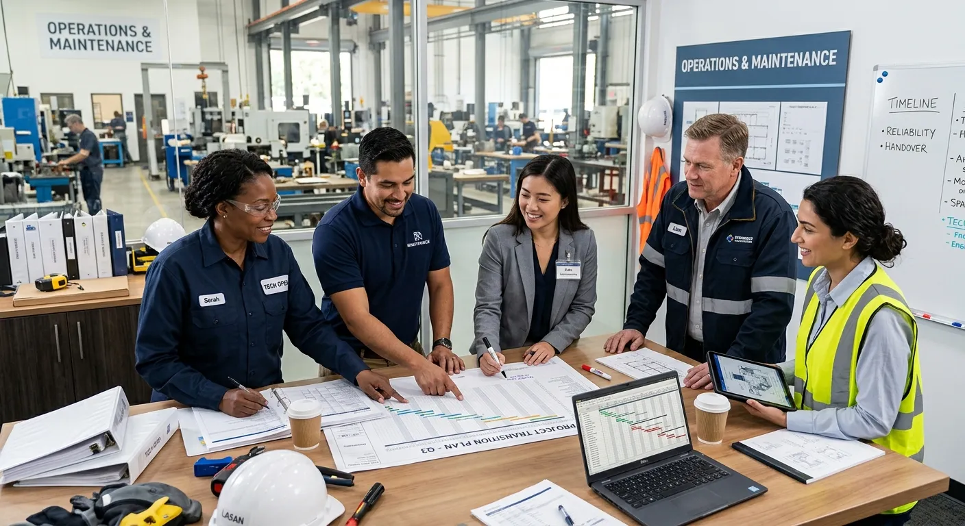 A modern, professional photo of a diverse team of maintenance and operations staff collaborating on... A modern, professional photo of a diverse team of maintenance and operations staff collaborating on a project plan in a bright office or industrial setting, conveying reliability and seamless transition.