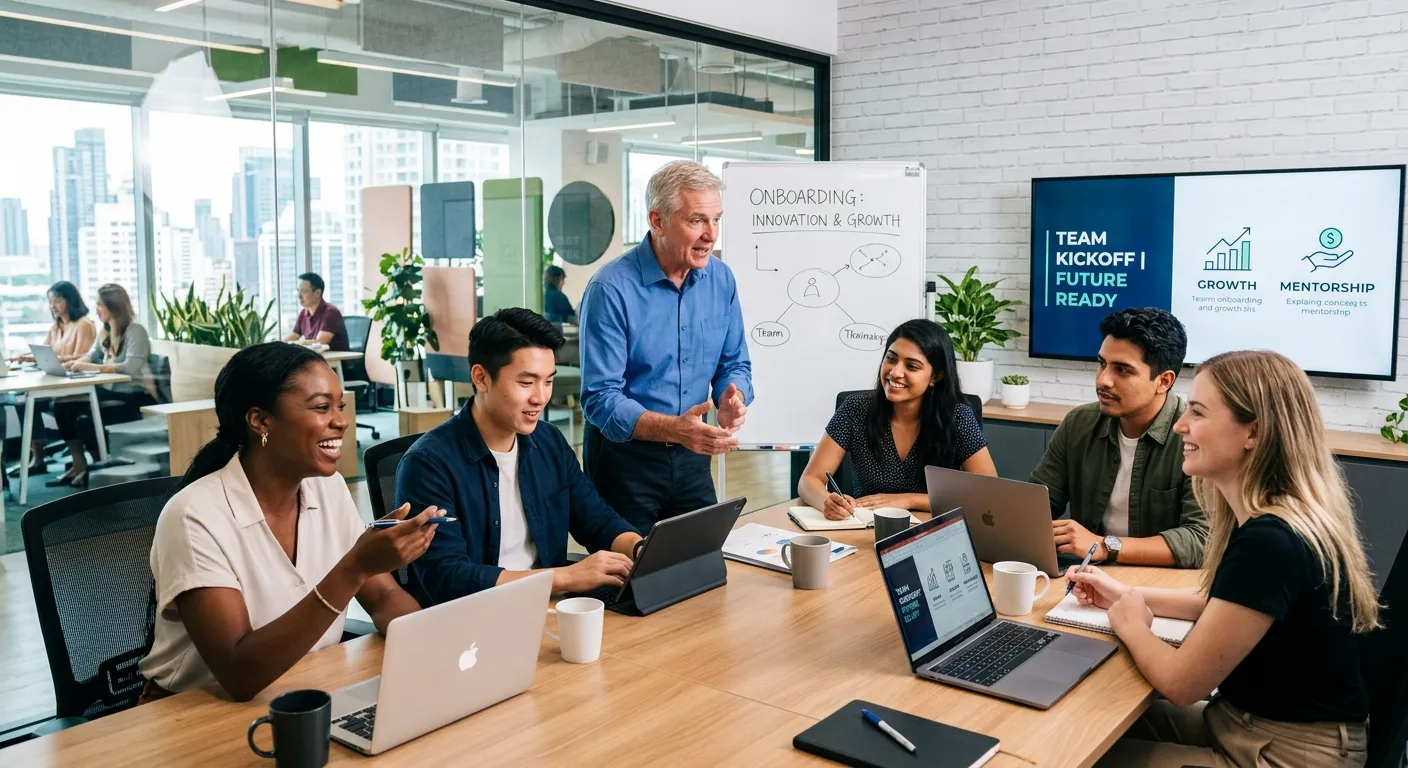 A dynamic, professional hero image showing a diverse group of enthusiastic young adults in a modern... A dynamic, professional hero image showing a diverse group of enthusiastic young adults in a modern office setting, engaged in a training session with a senior team member. Style is bright, optimistic, and forward-looking, focusing on mentorship and onboarding.