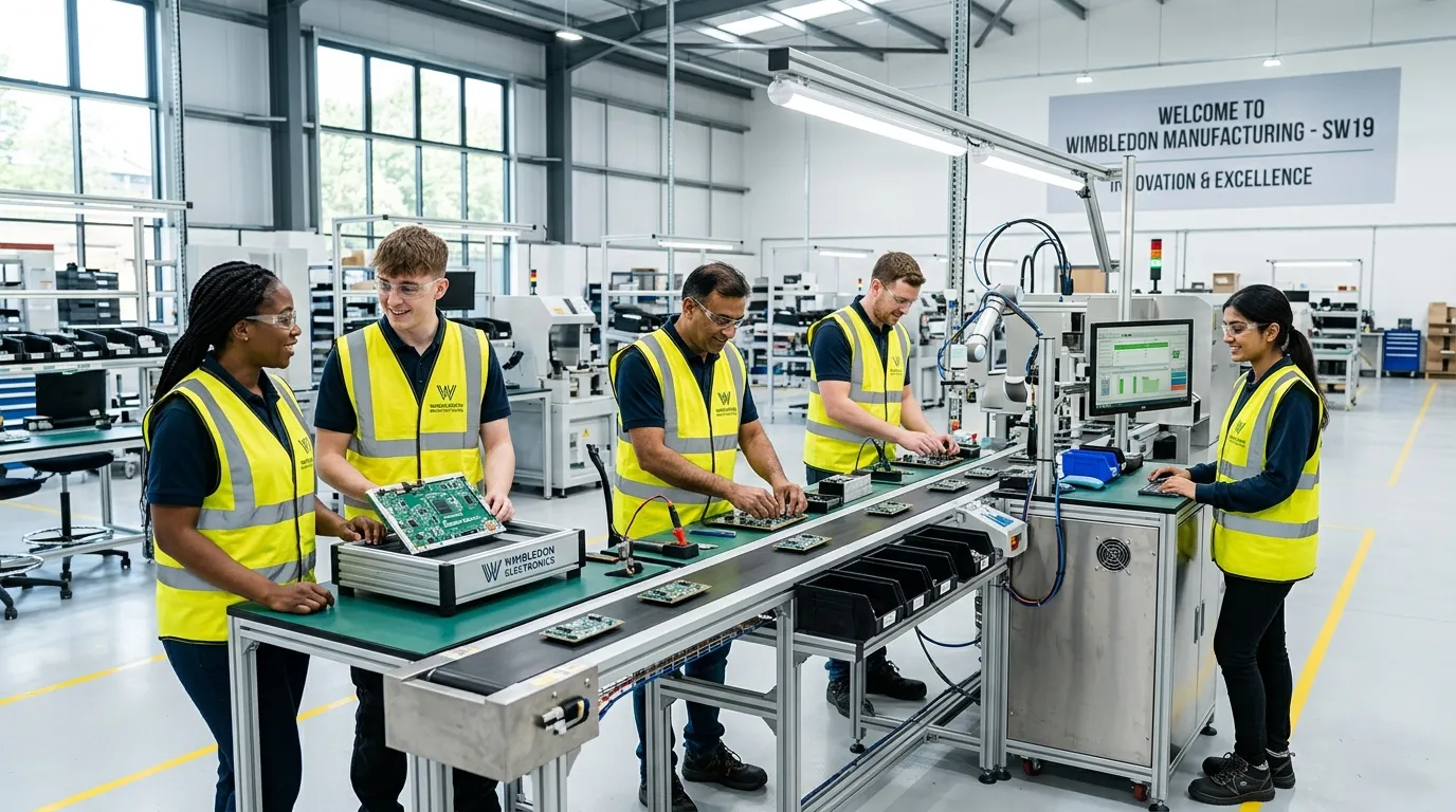 Professional hero image of a modern, clean manufacturing or light industrial facility in Wimbledon S... Professional hero image of a modern, clean manufacturing or light industrial facility in Wimbledon SW19, showing a diverse team of operatives in high-visibility vests working collaboratively on an assembly line. Bright, well-lit environment conveying efficiency and opportunity.