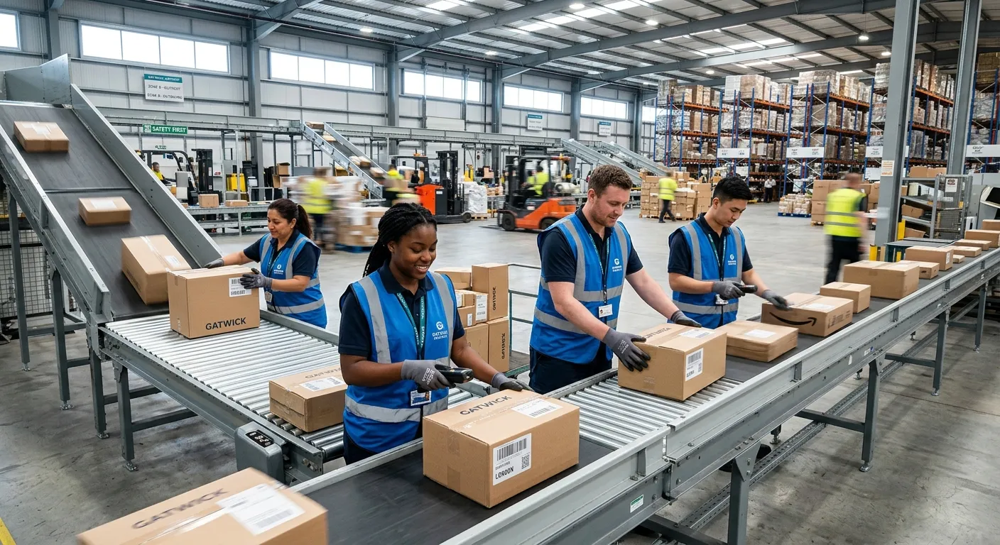 A professional, dynamic shot inside a modern Gatwick logistics warehouse. Focus on a diverse team of... A professional, dynamic shot inside a modern Gatwick logistics warehouse. Focus on a diverse team of parcel sorters efficiently scanning and loading packages onto conveyor belts. The mood is energetic, organised, and professional.