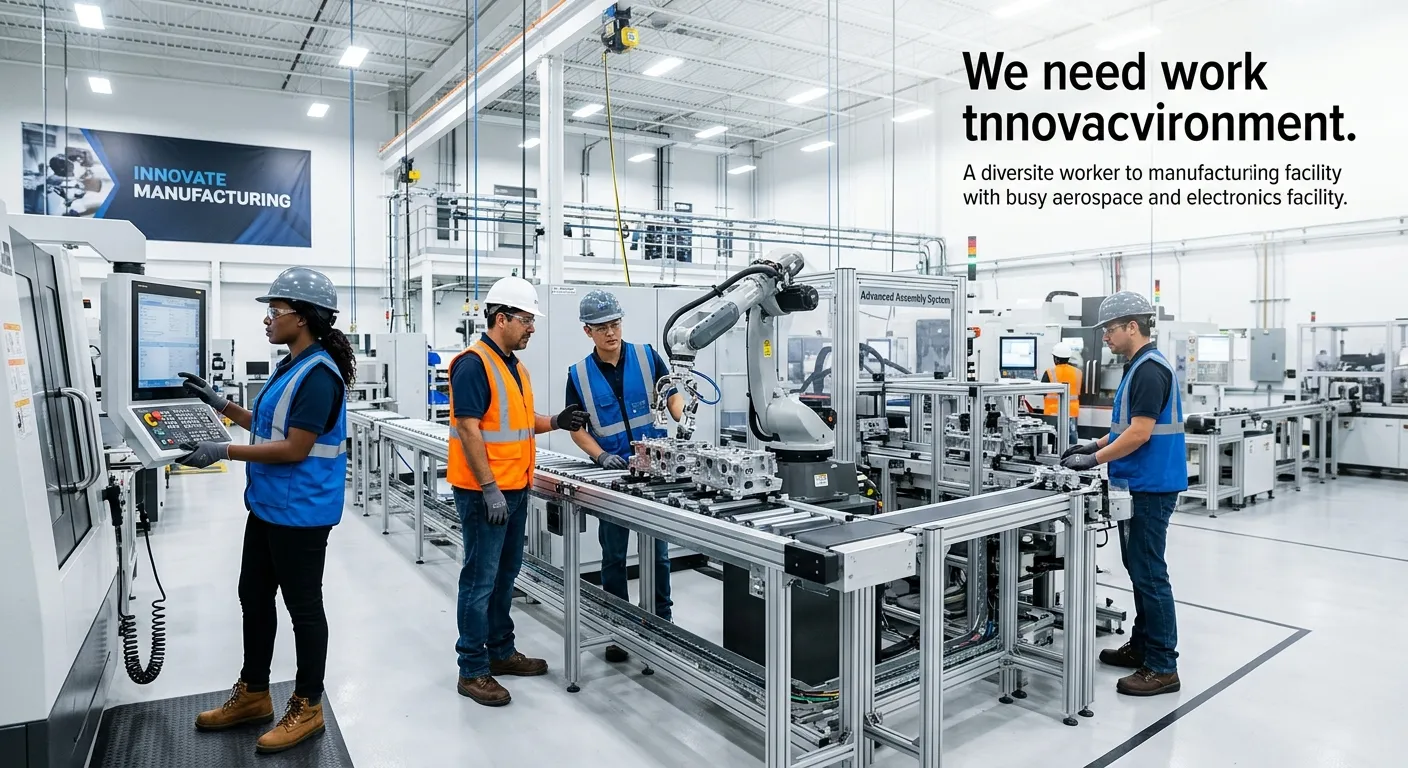 Dynamic, professional photo of a modern, clean manufacturing facility floor. A diverse team of worke... Dynamic, professional photo of a modern, clean manufacturing facility floor. A diverse team of workers in safety gear collaboratively operates machinery. The mood is efficient, technological, and forward-looking. The image should have space for overlaid text.