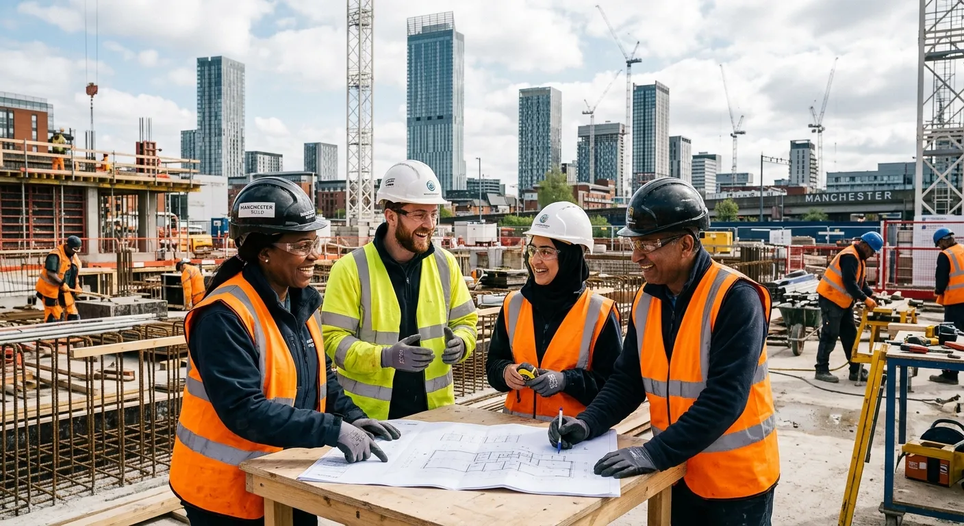 A professional, uplifting photograph of a diverse group of labourers, wearing high-visibility vests and safety helmets, working collaboratively on a construction site in Manchester. They are smiling, looking engaged, with modern cityscape or industrial buildings in the background. Style: Authentic, bright, and aspirational.
