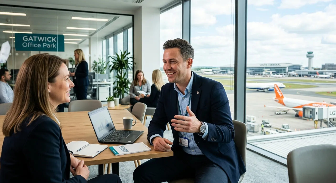 A professional, confident Sales Representative in business casual attire, smiling and speaking with a client in a modern office environment with Gatwick Airport visible through a window, conveying a sense of connection and opportunity.