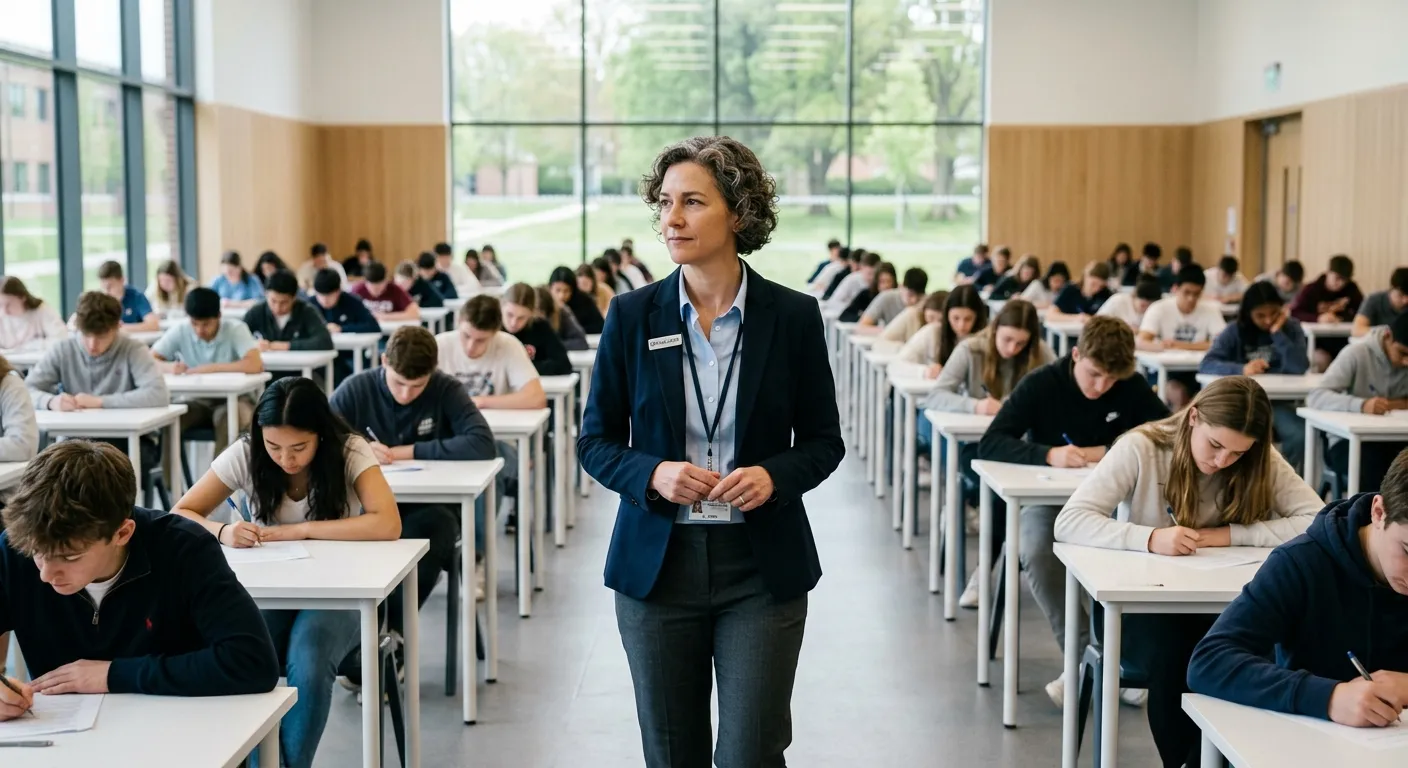 A professional, confident exam invigilator in a modern school or college hall, ensuring a calm and o... A professional, confident exam invigilator in a modern school or college hall, ensuring a calm and orderly exam environment. The mood is focused, trustworthy, and professional.