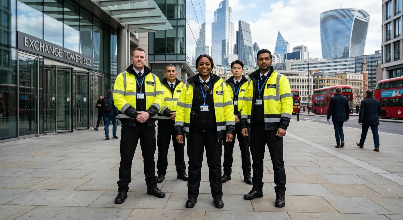 A professional, diverse group of security personnel in high-visibility jackets, standing confidently... A professional, diverse group of security personnel in high-visibility jackets, standing confidently outside a modern office building in the City of London (EC2 district). Style should be authentic, realistic stock photography, conveying professionalism, vigilance, and teamwork.