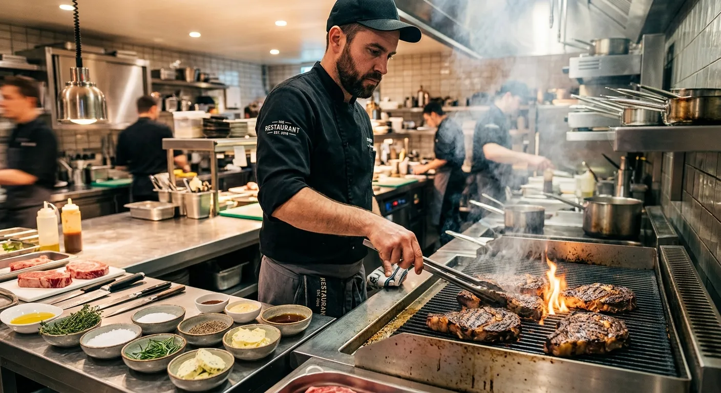 A professional grill chef in a clean, modern kitchen, expertly searing multiple steaks on a large st... A professional grill chef in a clean, modern kitchen, expertly searing multiple steaks on a large stainless steel grill. The chef is focused, with perfect mise en place visible. The mood is dynamic, professional, and high-energy.