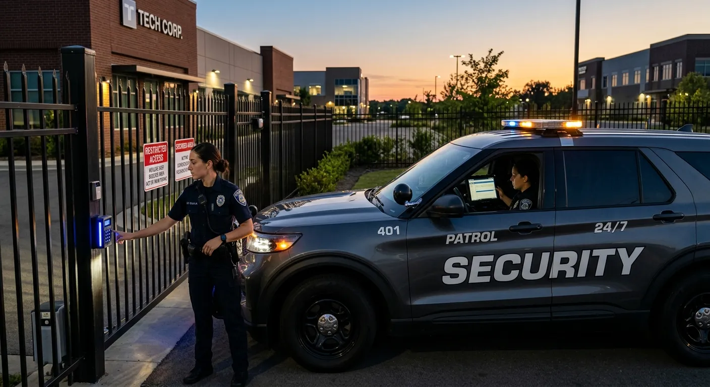 A professional, high-resolution image of a uniformed security officer in a marked patrol vehicle at... A professional, high-resolution image of a uniformed security officer in a marked patrol vehicle at dusk, checking a commercial property gate. The mood is authoritative, secure, and technologically advanced.