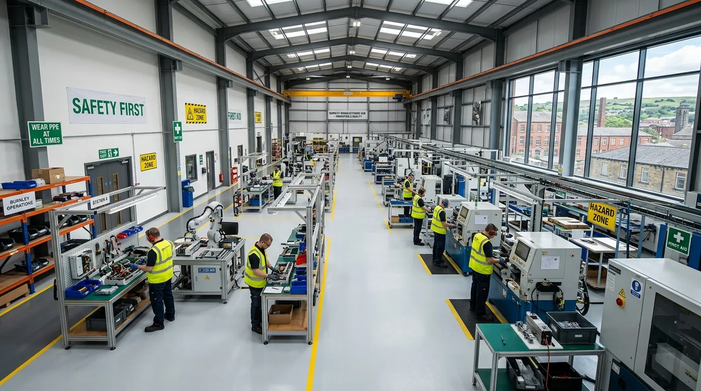 A wide-angle, well-lit photo of a clean, modern manufacturing floor in Burnley. Operatives in hi-vis... A wide-angle, well-lit photo of a clean, modern manufacturing floor in Burnley. Operatives in hi-vis vests are working at organised stations with machinery, with safety signage visible.