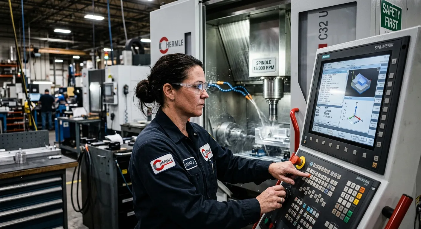 A dynamic, high-contrast photo of a skilled machine operator in a modern manufacturing facility, focused intently on a CNC machine control panel. The mood is professional, precise, and high-tech, with sharp focus on the operator's hands and the machine interface.