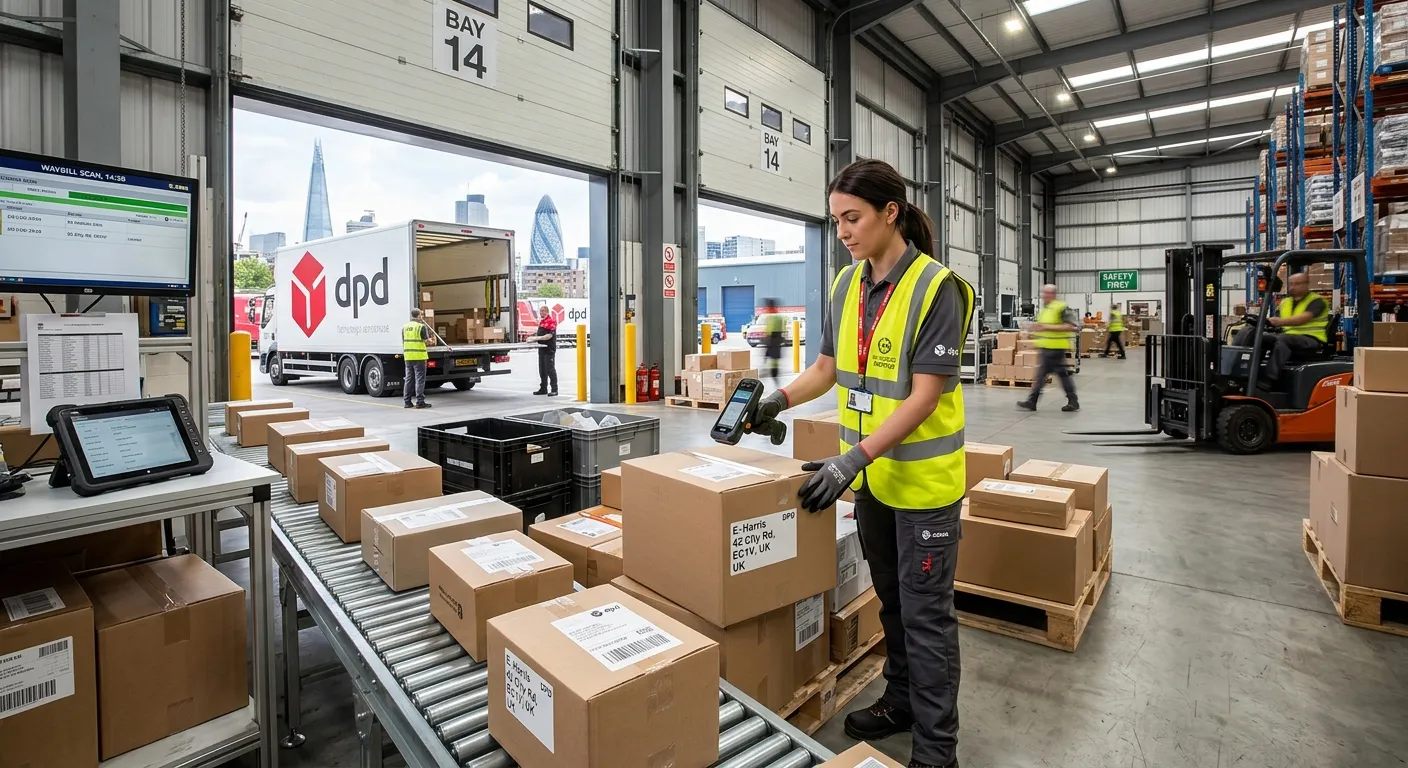 A professional, well-lit photo of a Dispatch Operative in a high-vis vest, efficiently scanning parc... A professional, well-lit photo of a Dispatch Operative in a high-vis vest, efficiently scanning parcels on a loading bay in a modern London warehouse, conveying organisation and activity.