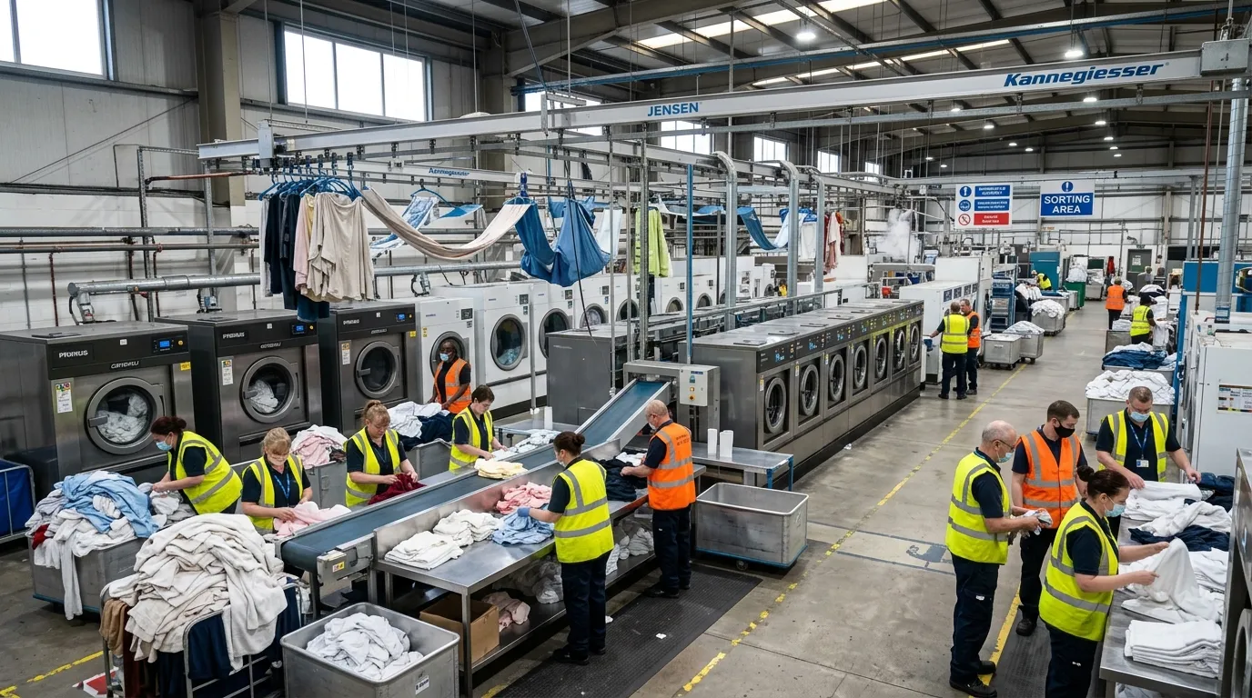Wide-angle interior shot of a busy, well-lit industrial laundry facility in Birmingham, showing rows of large washing machines, conveyor belts, and staff in high-vis vests sorting linen.