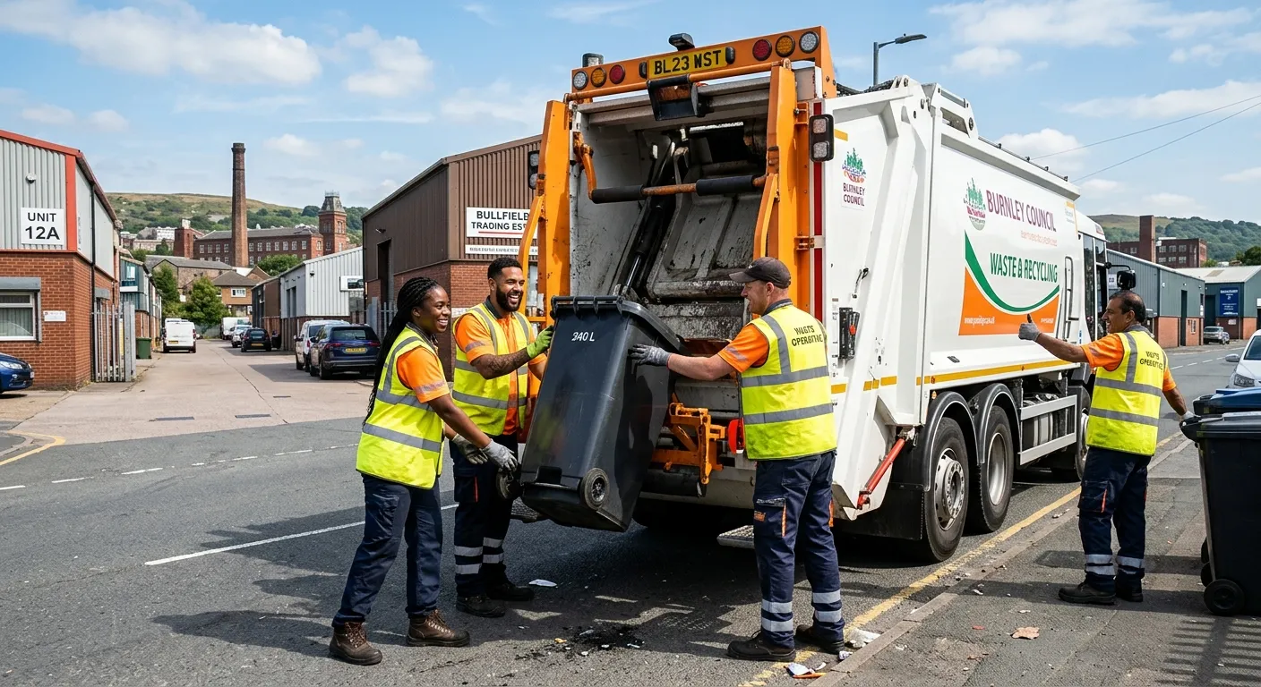 A professional, high-energy photo of a diverse team of refuse/waste operatives in high-visibility vests, safely loading waste containers onto a modern refuse truck on a sunny day in an industrial area of Burnley. The mood is positive, industrious, and professional.