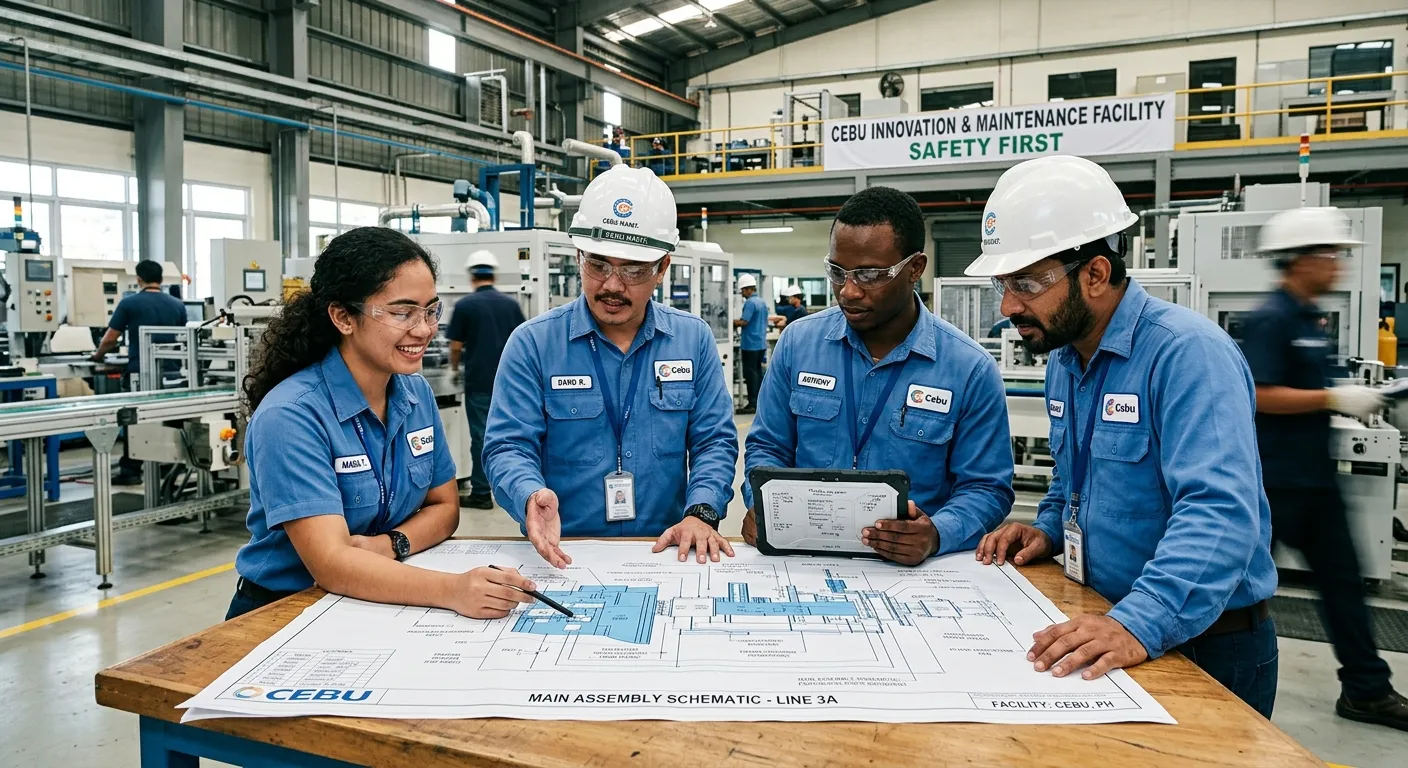 A professional, high-energy photo of a diverse team of maintenance engineers in a modern industrial... A professional, high-energy photo of a diverse team of maintenance engineers in a modern industrial facility in Cebu, collaborating on a machinery schematic. Style: Corporate, vibrant, and dynamic. Mood: Competent, collaborative, and forward-thinking.