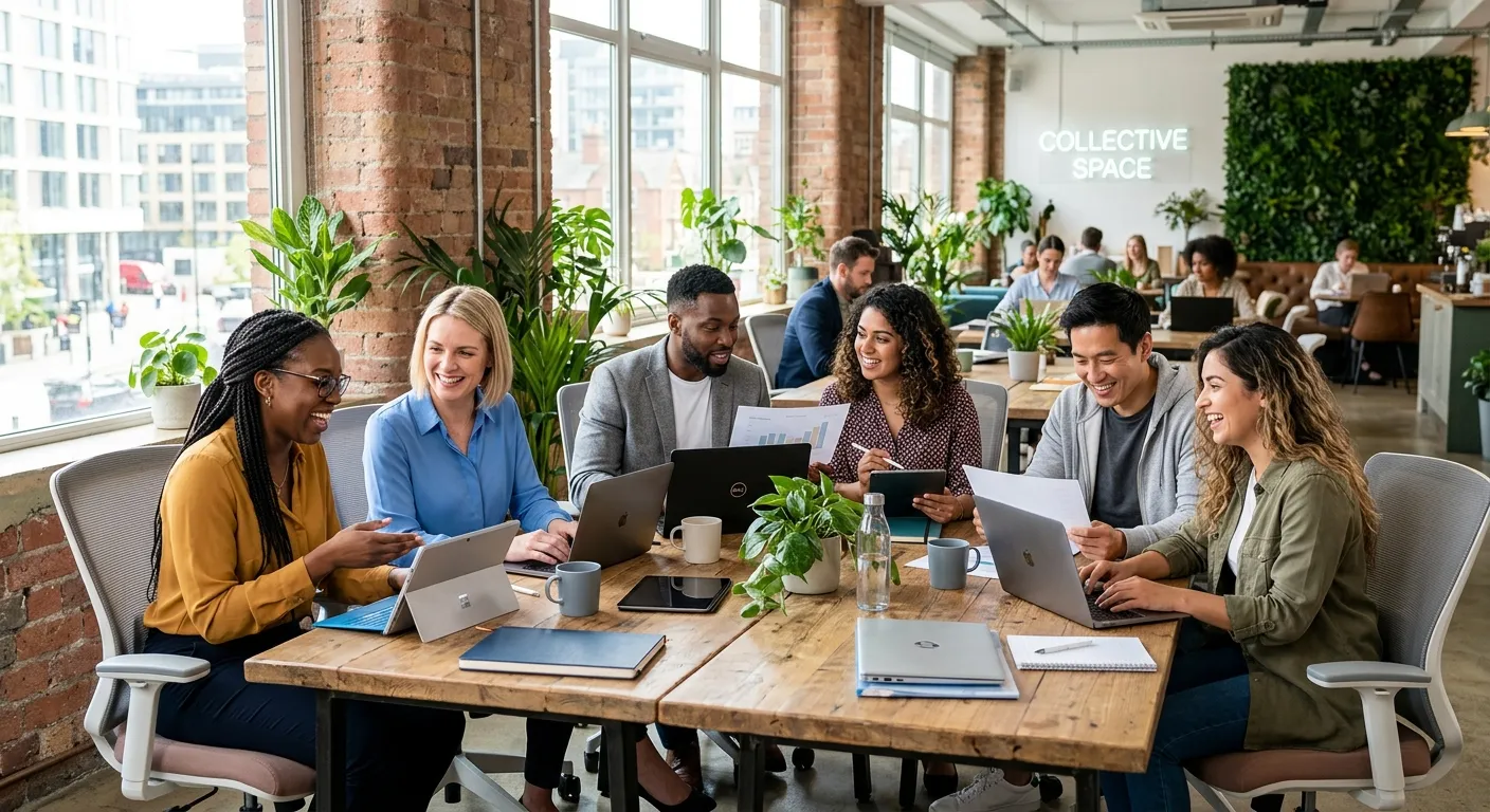 A diverse group of modern, professional temporary office workers collaborating in a bright, airy co-working space. They are smiling, engaged with laptops and tablets, conveying efficiency, flexibility, and a dynamic team atmosphere.