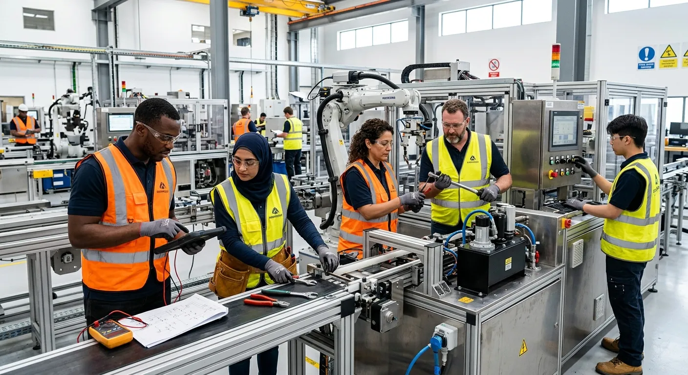 A diverse team of skilled maintenance engineers and technicians in high-visibility vests, working co... A diverse team of skilled maintenance engineers and technicians in high-visibility vests, working collaboratively on modern industrial equipment in a well-lit, high-tech facility. Professional, dynamic, and focused mood.