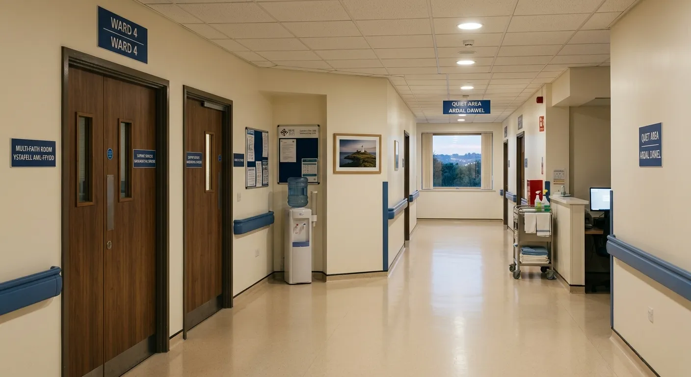 A professional, respectful image of a hospital or mortuary corridor in Swansea, with soft lighting, conveying a sense of calm, dignity, and essential service. Focus on cleanliness and order.