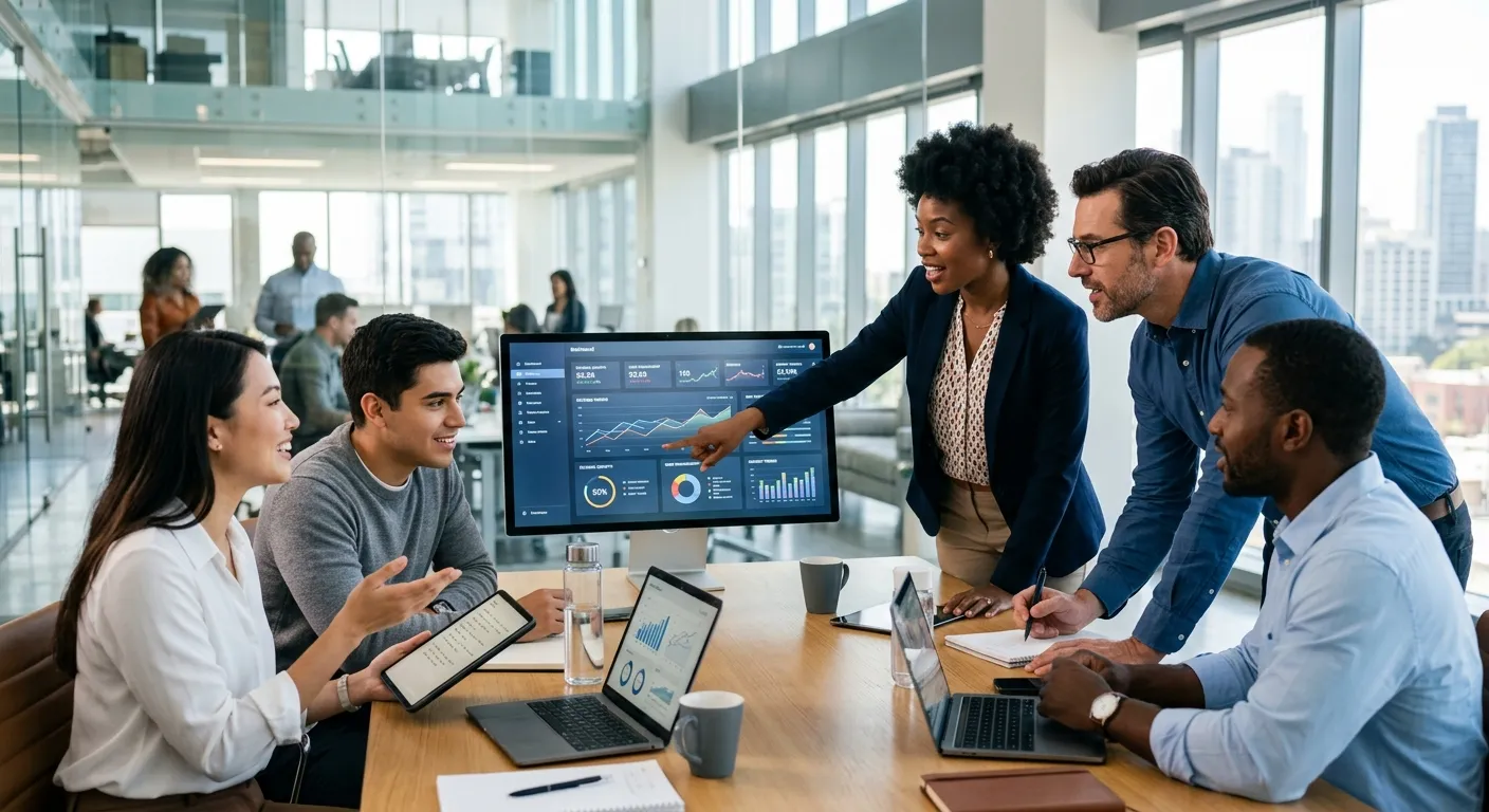 A modern, diverse group of professionals collaborating in a bright office, with one person pointing to a data dashboard on a screen. Style: professional corporate photography, bright and aspirational mood.