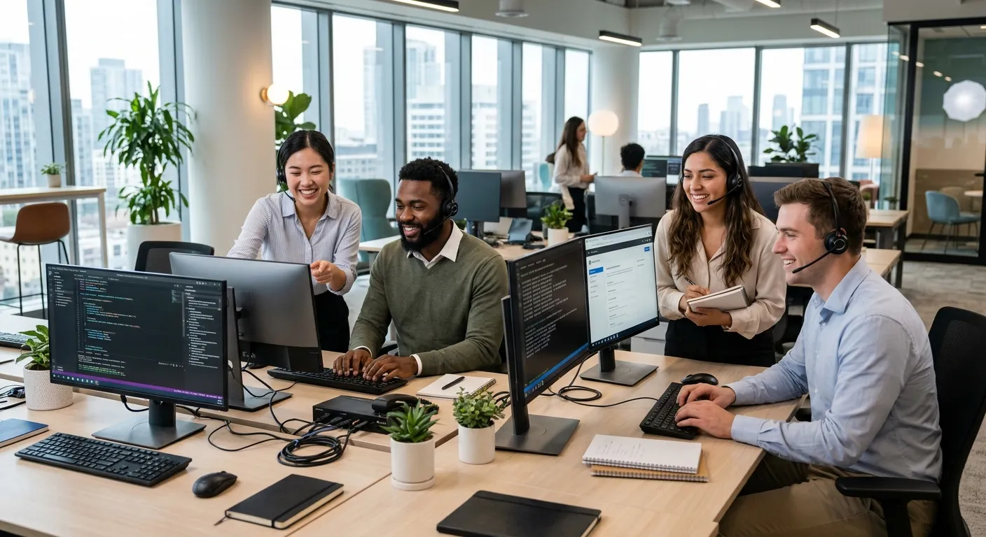 A modern, diverse group of young IT professionals in a bright, clean office environment. They are co... A modern, diverse group of young IT professionals in a bright, clean office environment. They are collaboratively working at a help desk, looking at multiple monitors, wearing headsets, and smiling. Style is professional, high-resolution, with a focus on technology and teamwork. Mood is competent, approachable, and energetic.