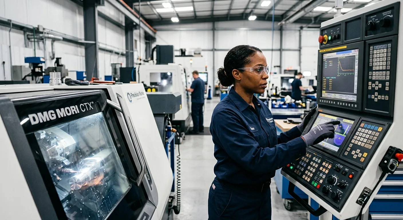 A high-contrast, professional photo of a skilled machine operator in a clean, modern manufacturing f... A high-contrast, professional photo of a skilled machine operator in a clean, modern manufacturing facility, focusing intently on a CNC machine control panel. The image should convey precision, technology, and industrial expertise.