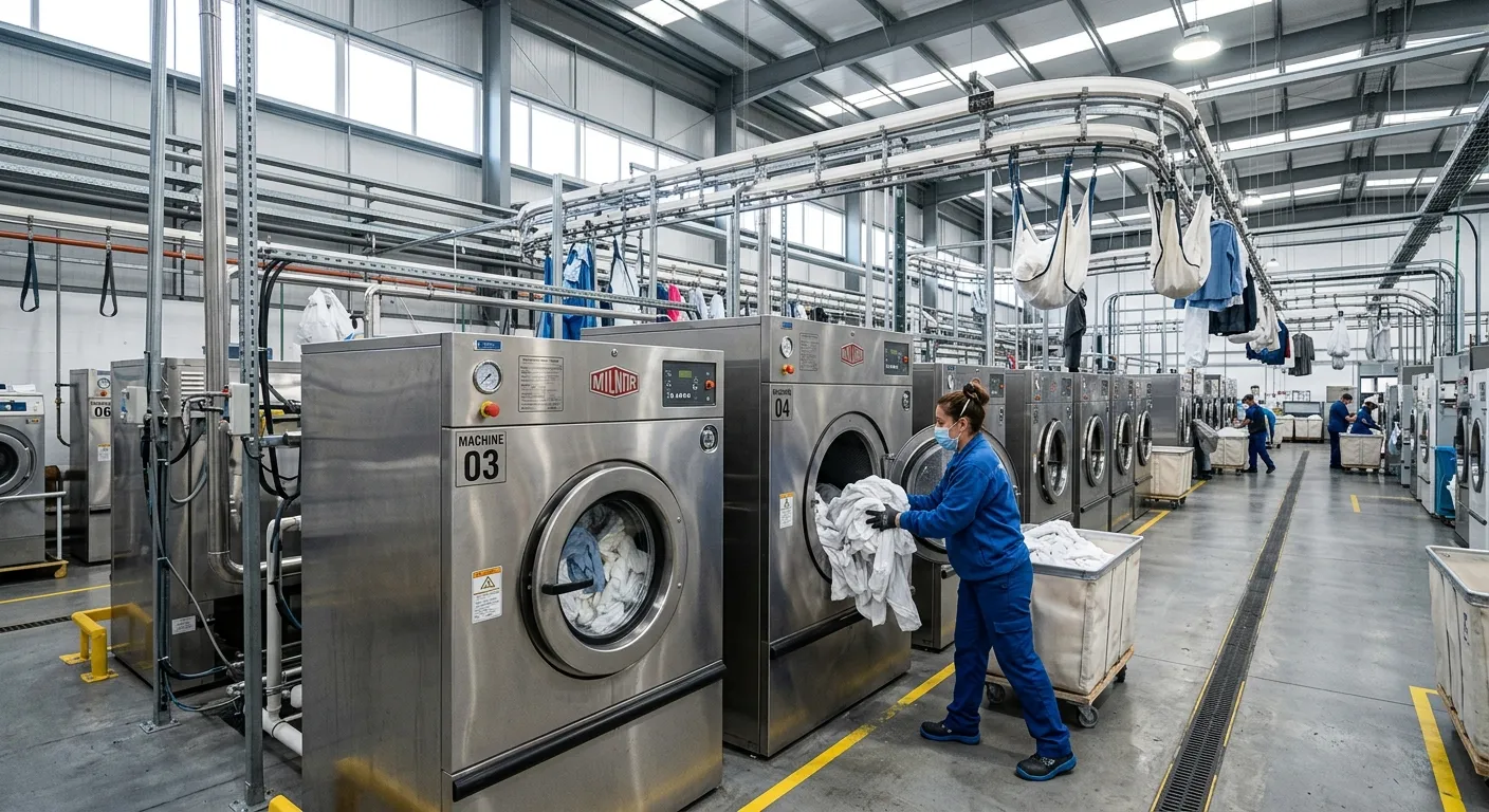 A wide-angle photo inside a bright, clean industrial laundry facility. Focus on a row of large, stai... A wide-angle photo inside a bright, clean industrial laundry facility. Focus on a row of large, stainless steel washing machines with an operative in blue PPE loading linen into one. Conveyor belts are visible in the background.