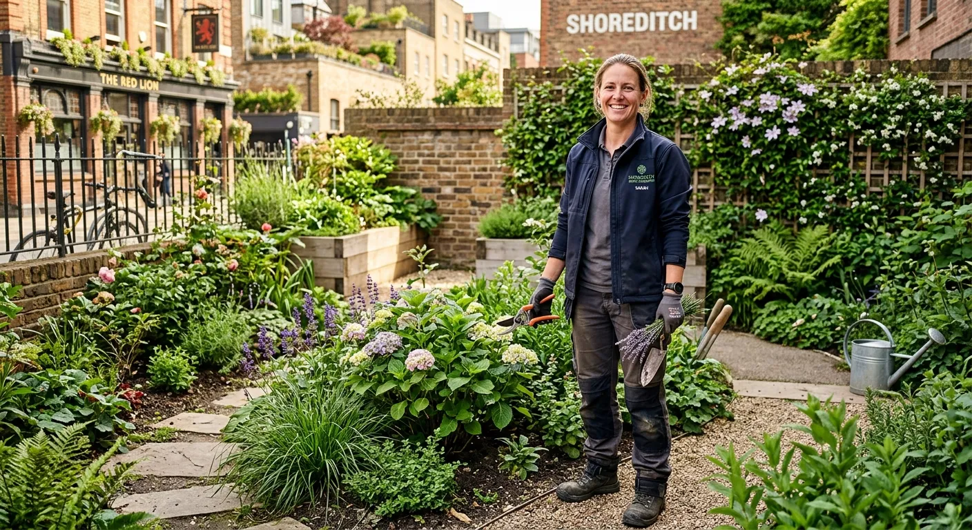 A professional, smiling Gardener/Landscaper in workwear, holding gardening tools, standing in a well-maintained garden in Shoreditch. Style: Bright, realistic, professional. Mood: Confident, skilled, ready-for-work.