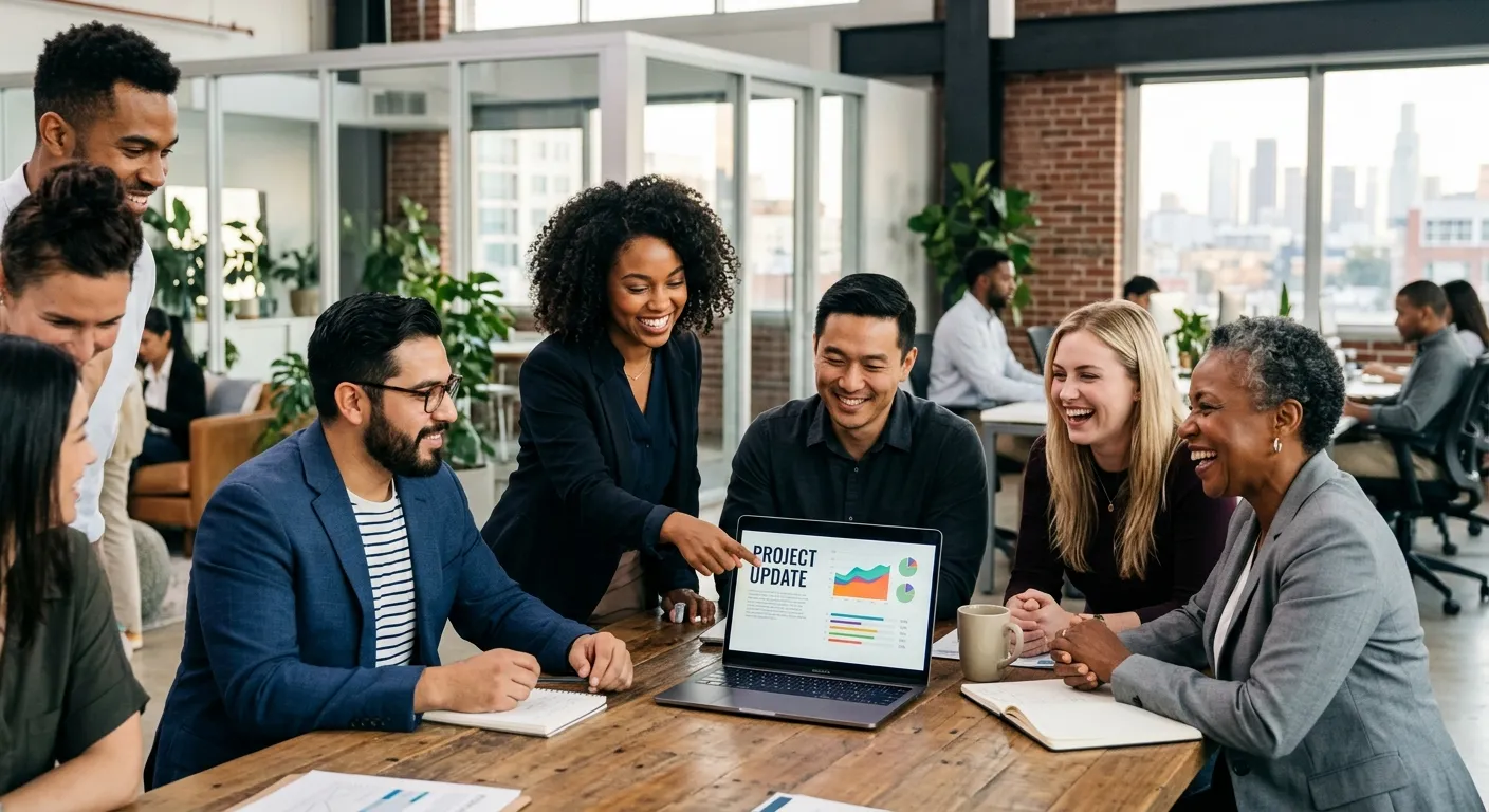 A diverse group of professional workers in a modern office, some looking at a laptop together, other... A diverse group of professional workers in a modern office, some looking at a laptop together, others smiling in conversation. Style: Professional, hopeful, collaborative. Mood: Successful transition and career growth.