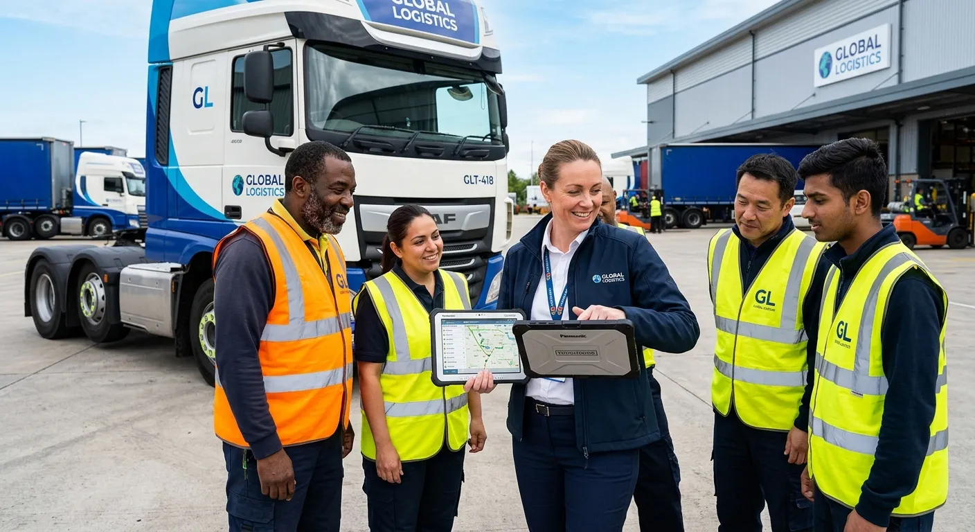 A modern, professional shot of a logistics manager reviewing a digital tablet with a diverse team of HGV drivers in hi-vis vests in the background, standing by a modern truck. Style: professional, bright, confident mood.