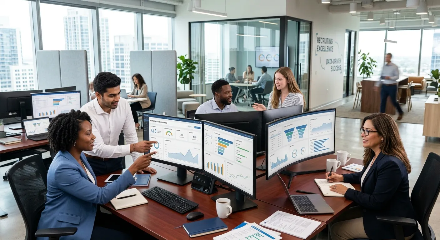 A modern, professional office setting with a diverse team of recruiters analyzing data on multiple monitors. The mood is focused, strategic, and successful. Style: High-quality, bright, corporate photography.