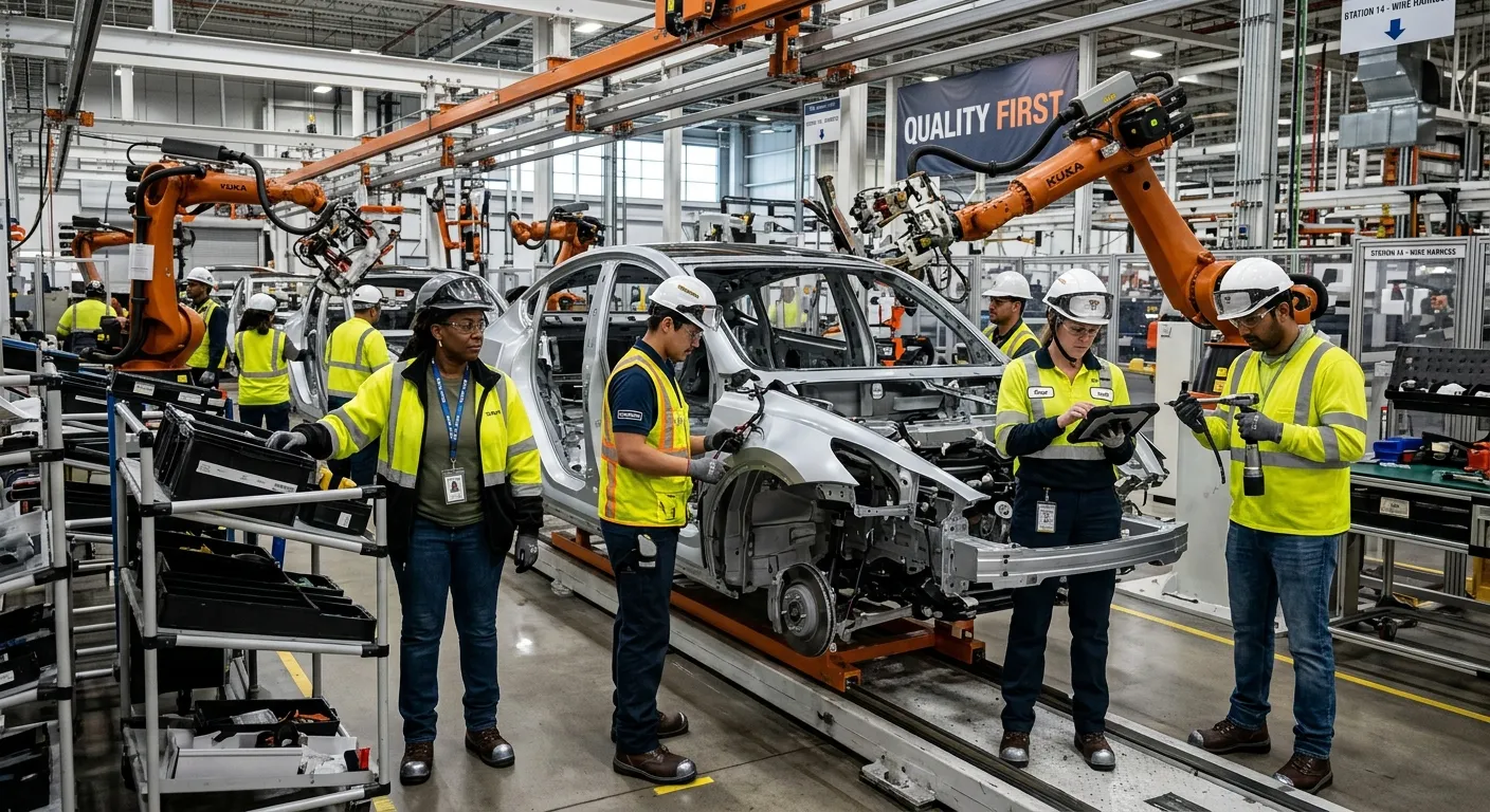 A professional, dynamic photo of a modern automotive assembly line with both permanent and temporary... A professional, dynamic photo of a modern automotive assembly line with both permanent and temporary workers collaborating. Focus on high-tech machinery and a diverse team wearing coordinated PPE.