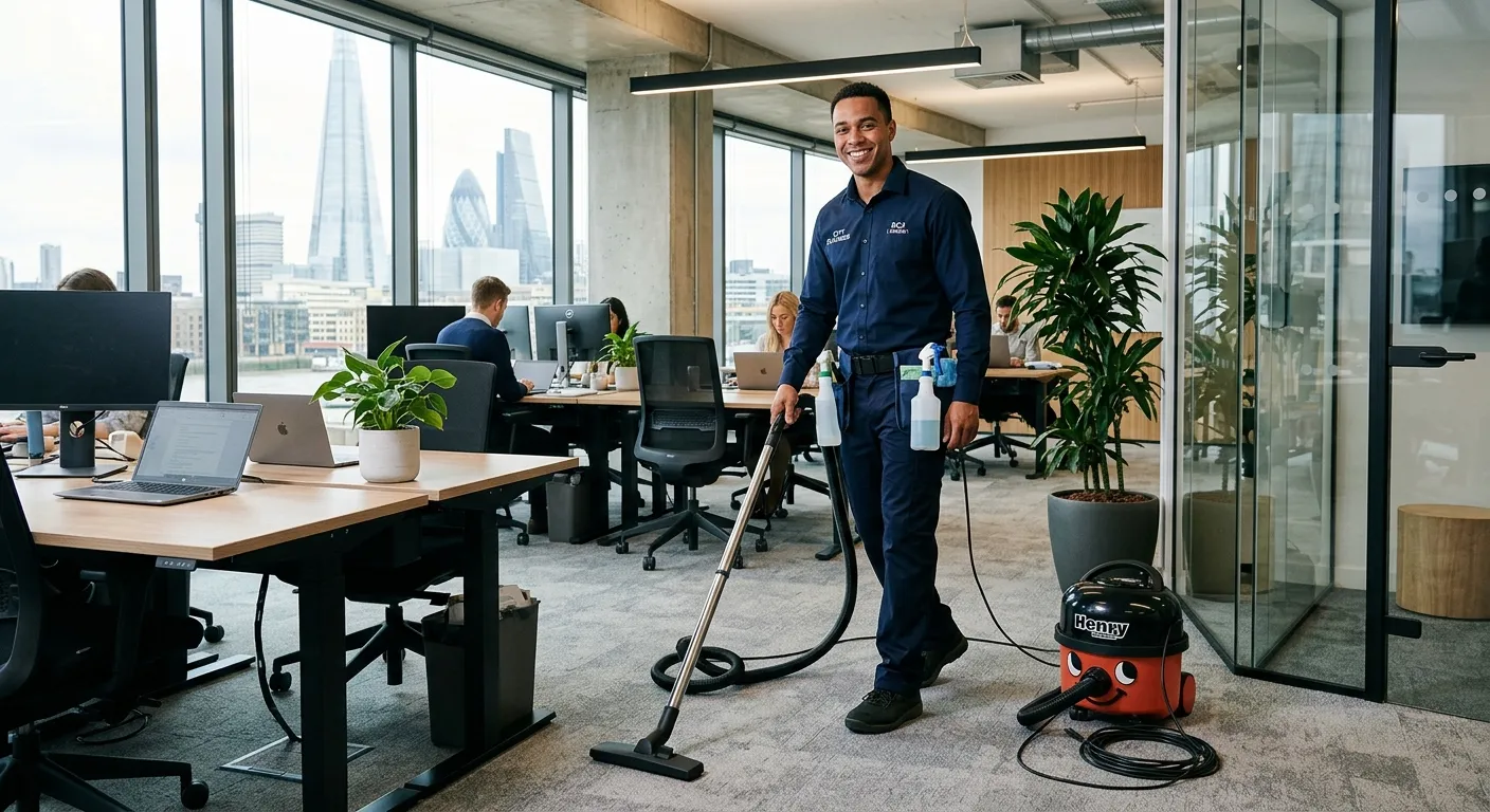 A professional, well-lit image of a cleaner in a modern office environment in London EC4, smiling co... A professional, well-lit image of a cleaner in a modern office environment in London EC4, smiling confidently and using professional cleaning equipment. The image should convey competence, hygiene, and a positive work atmosphere.