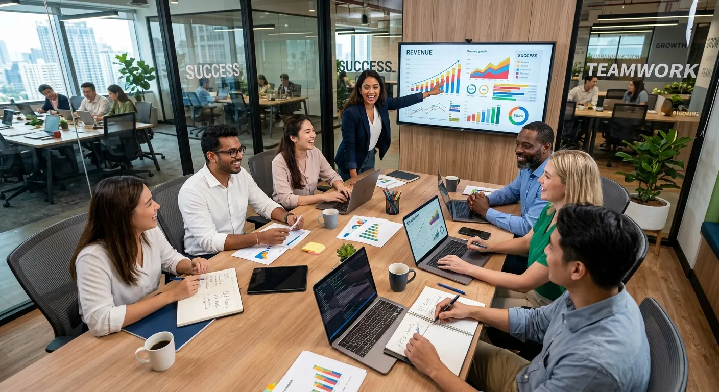 A dynamic, modern office scene from a high-angle view. A diverse team of professionals collaborates around a table with laptops and documents. One person is pointing to a data chart on a screen. The mood is energetic, strategic, and successful, with a focus on teamwork and business growth.