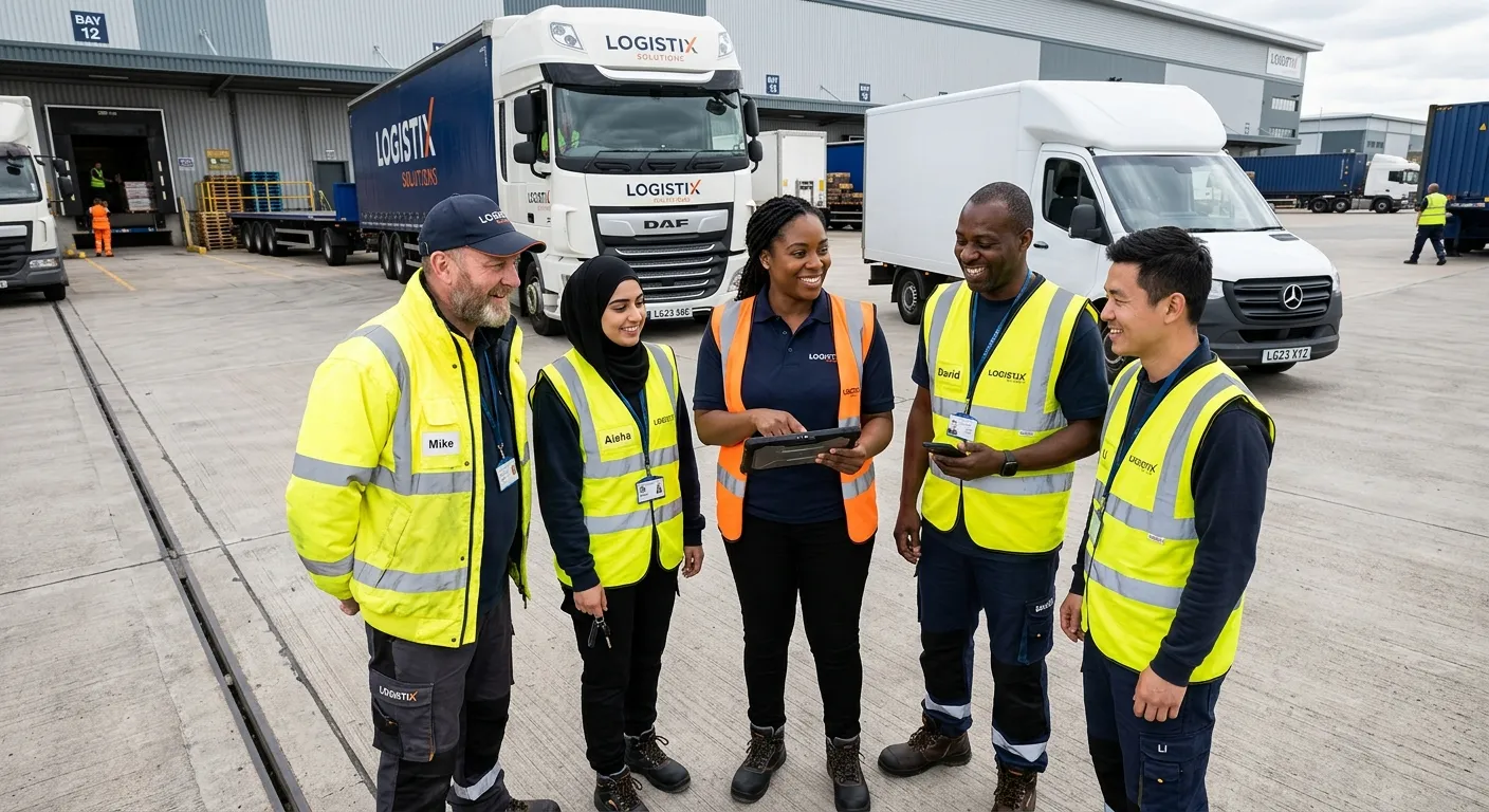 A dynamic, professional photo of a diverse team of HGV and van drivers in high-visibility vests, smi... A dynamic, professional photo of a diverse team of HGV and van drivers in high-visibility vests, smiling and gathered around a logistics manager with a tablet, set against a backdrop of modern delivery vehicles in a warehouse yard. Style: authentic, corporate, action-oriented. Mood: competent, reliable, and efficient.