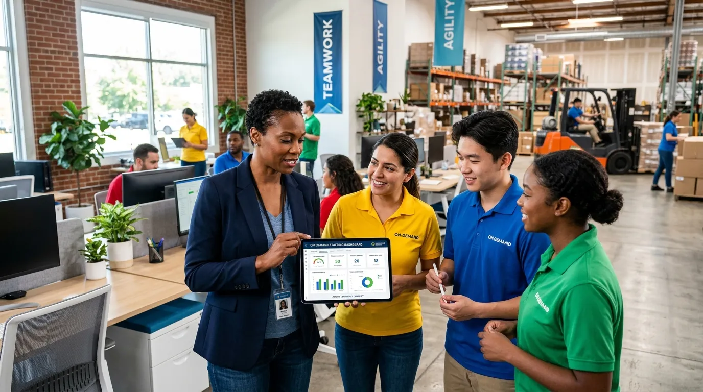 A dynamic, professional hero image showing a diverse team of on-demand workers collaborating in a modern office and warehouse setting. A manager is reviewing a tablet with a staffing dashboard, symbolizing agility and control. Style: Modern, vibrant, and professional with a focus on human connection and technology.