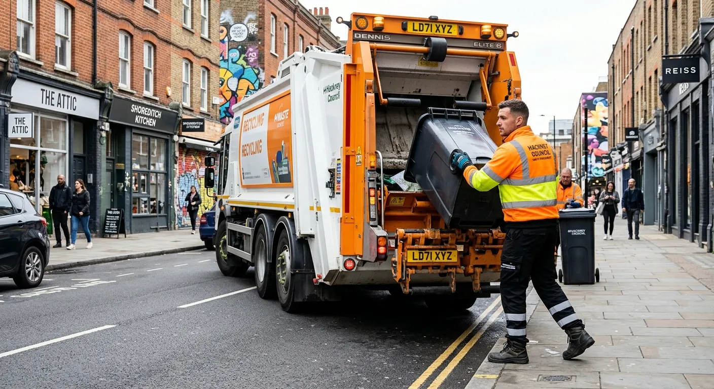 A professional, action-oriented photo of a Refuse Operative in high-visibility clothing, safely loading waste into a modern refuse collection vehicle on a clean street in Shoreditch. The image conveys teamwork, efficiency, and a positive work environment.
