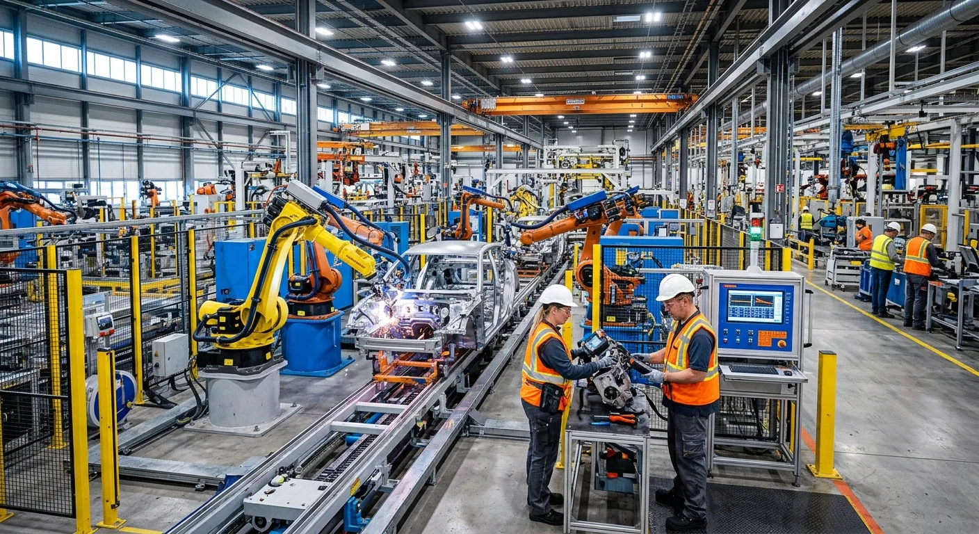 A dynamic, high-energy shot of a modern, high-tech manufacturing facility floor. Workers in safety g... A dynamic, high-energy shot of a modern, high-tech manufacturing facility floor. Workers in safety gear collaborate with advanced robotics on an assembly line. Focus on sharp detail, vibrant industrial colors (oranges, blues), and a sense of precision and scale. Mood: Professional, efficient, and technologically advanced.