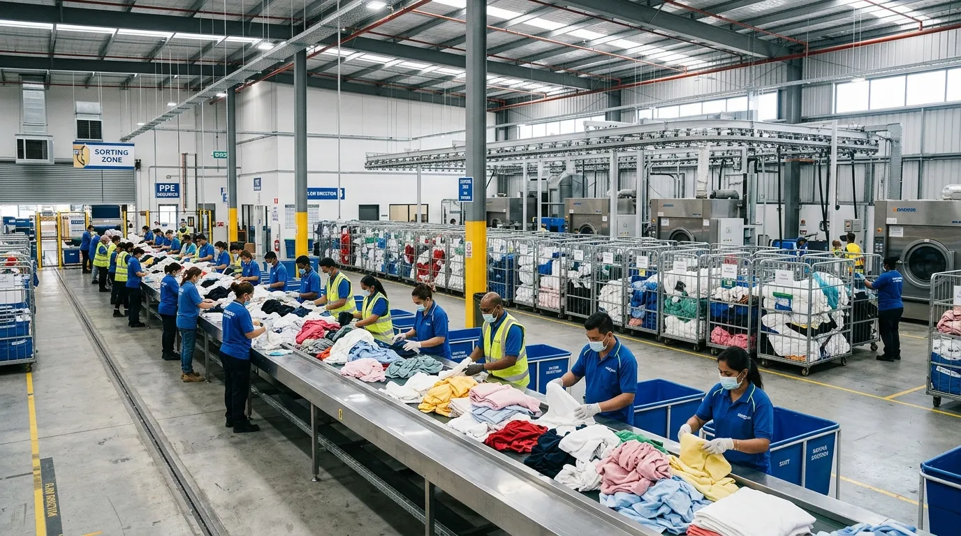 Wide-angle photograph of a modern, brightly lit industrial laundry sorting area. Workers in blue uniforms and PPE are sorting linen on a long conveyor belt, with large wheeled cages in the background. The image should convey organisation, scale, and activity.
