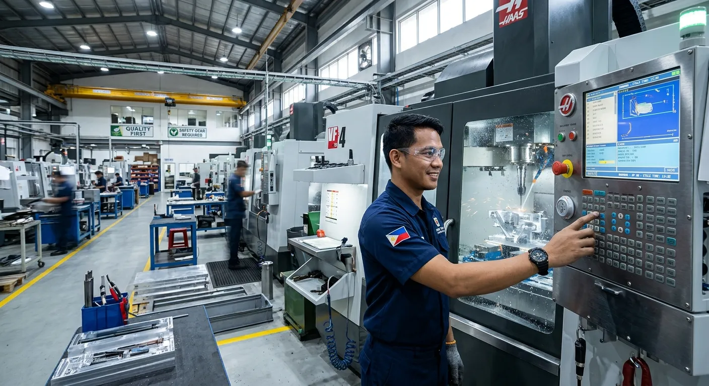 A dynamic, high-energy shot inside a modern manufacturing facility in Cebu. Focus on a skilled machine operator in a clean uniform, confidently operating a CNC machine with a digital interface. The atmosphere is professional, efficient, and high-tech. Use a wide-angle lens to show the scale of the operation.