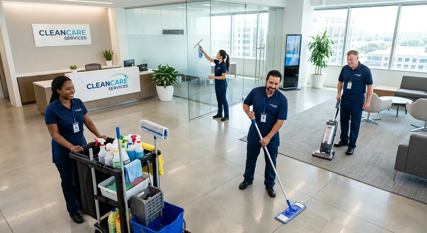 A professional, high-angle shot of a diverse team of office cleaning staff in crisp uniforms, smilin... A professional, high-angle shot of a diverse team of office cleaning staff in crisp uniforms, smiling and equipped with modern cleaning carts and tools, working in a bright, spotless modern office lobby. Style: professional stock photo, bright and clean, mood of efficiency and pride.