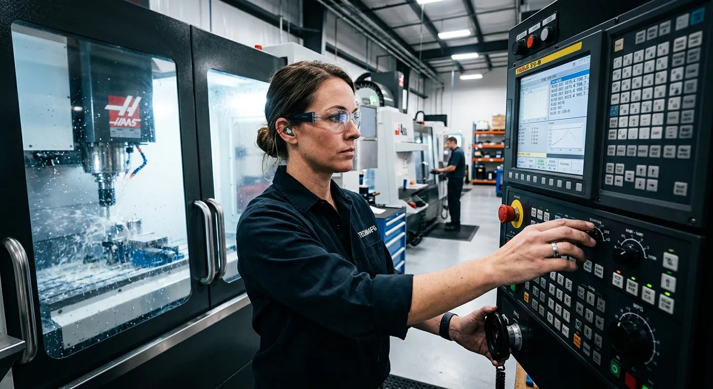 A dynamic, high-contrast photo of a skilled machine operator in a modern, clean manufacturing facility, focused on a CNC machine control panel. Professional, industrious mood with sharp focus on skilled hands and technology.