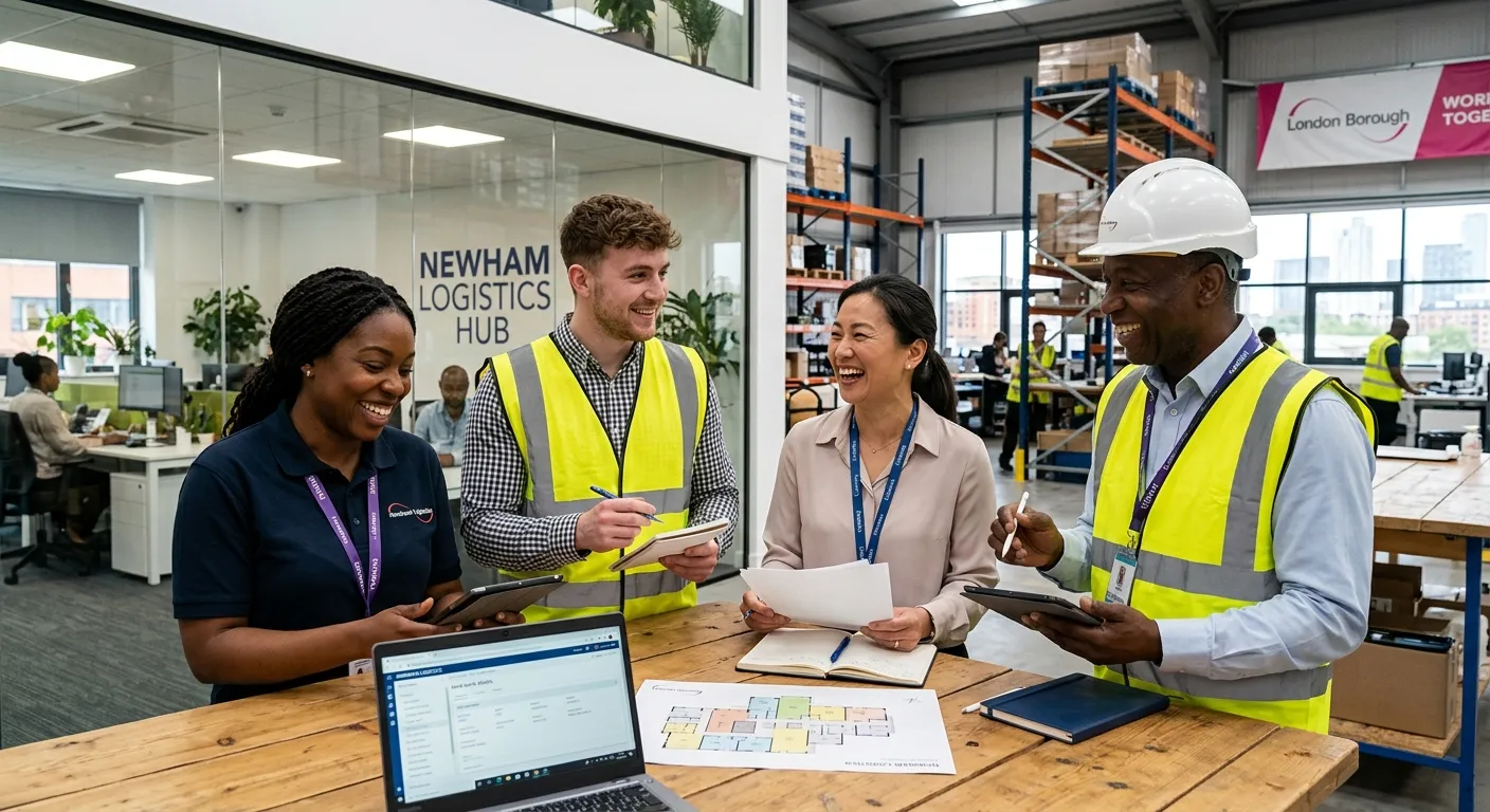 Professional, diverse group of workers in a modern Newham office or warehouse setting, smiling and c... Professional, diverse group of workers in a modern Newham office or warehouse setting, smiling and collaborating. Style: Bright, realistic, and energetic. Mood: Trustworthy and efficient.