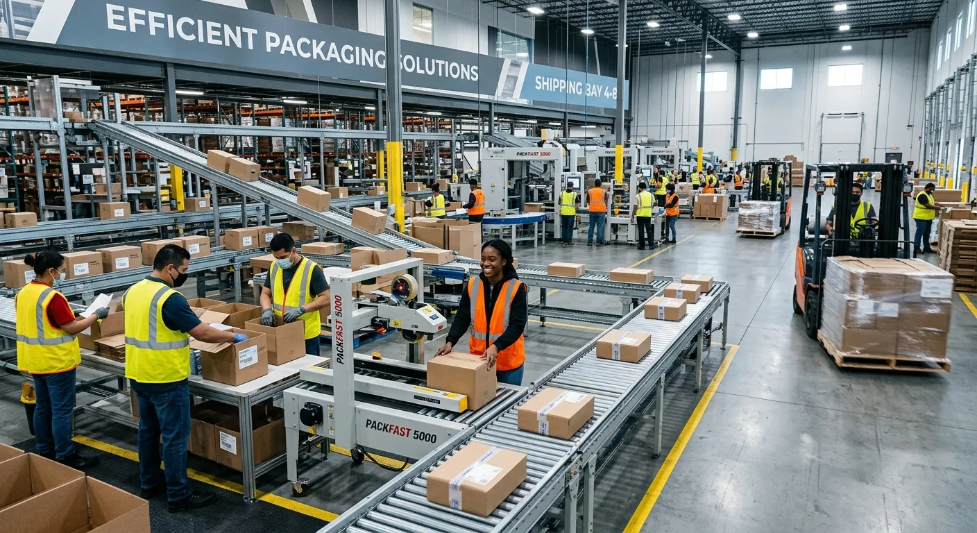 A dynamic, high-energy shot of a modern, efficient packaging warehouse floor. Diverse staff in high-visibility vests are operating automated packing machines, assembling boxes, and preparing pallets. The image conveys speed, precision, and teamwork with a cool, professional tone.