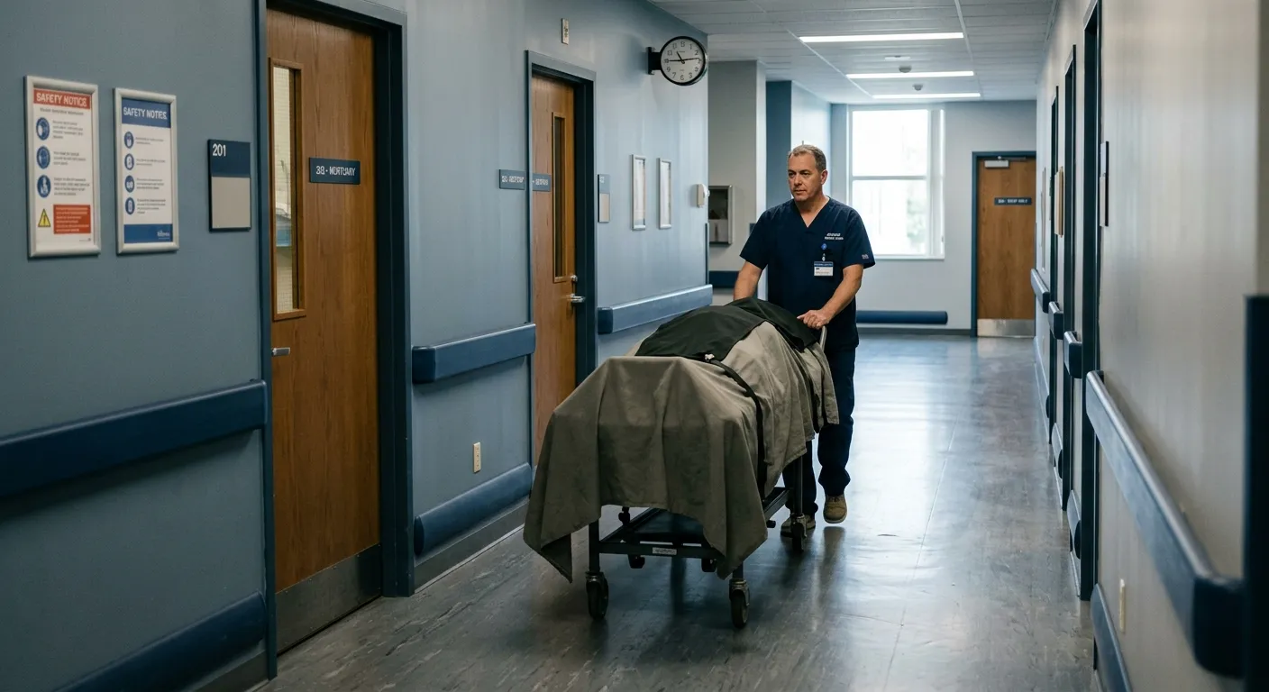 A calm, professional hospital or mortuary corridor in Halifax, with a porter pushing a secure trolley respectfully, soft natural lighting, muted blue and grey tones, dignified atmosphere
