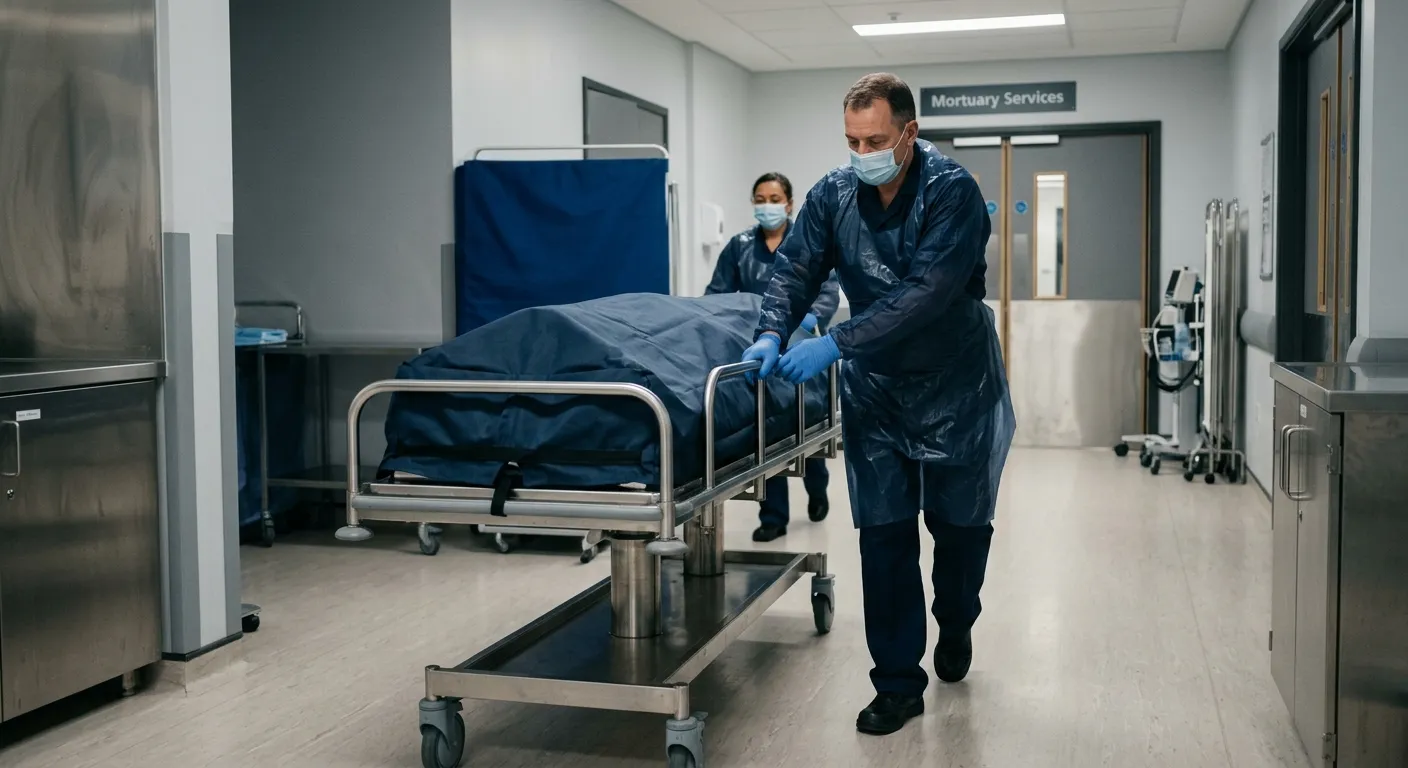 Professional, respectful image of a mortuary porter in a clean, modern hospital or mortuary setting, wearing appropriate PPE, engaged in a task like handling a covered trolley. The mood should be dignified, professional, and focused.